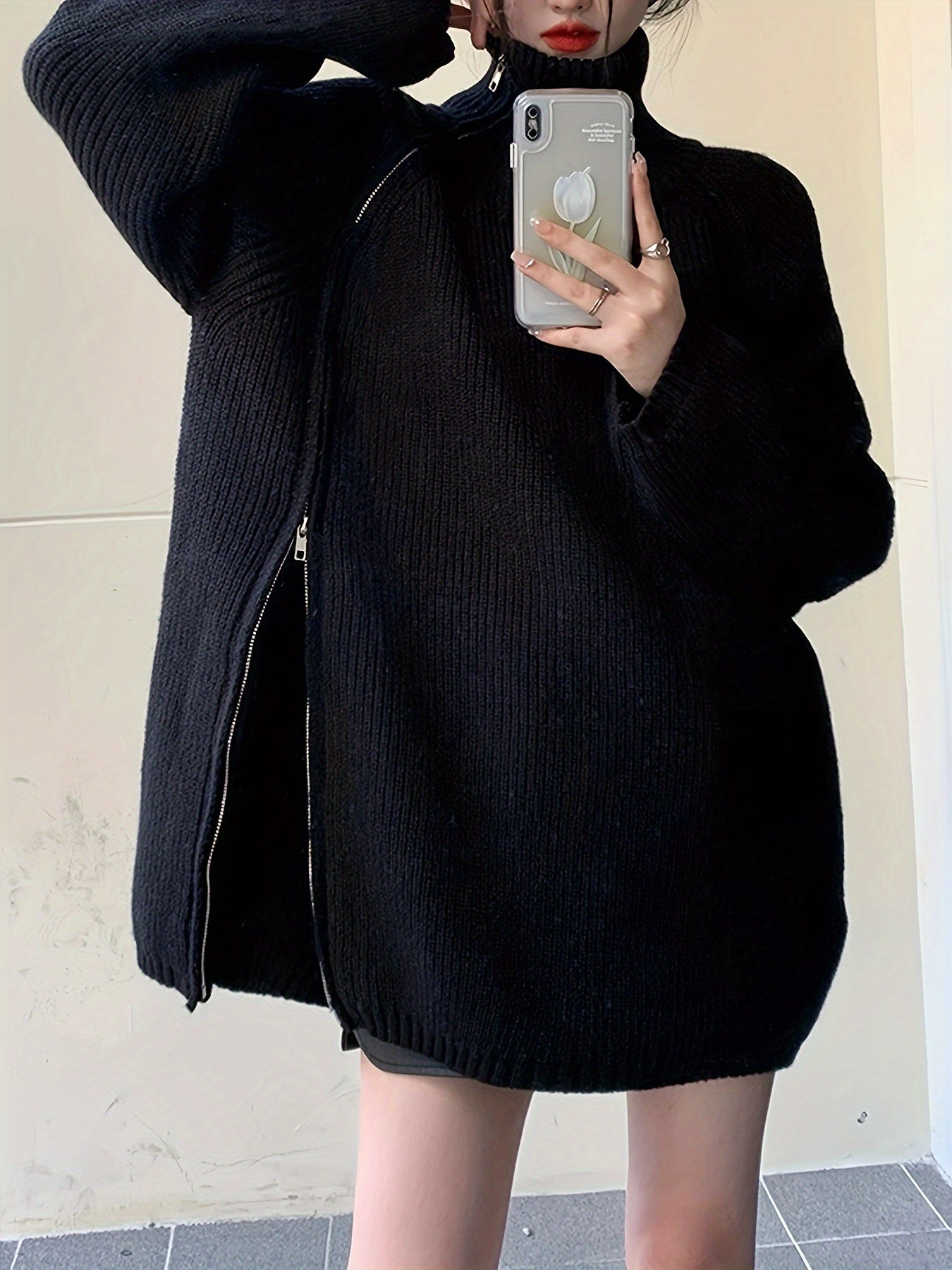 Antmvs Solid Zip Up Oversized Pullover Sweater, Casual Turtle Neck Long Sleeve Sweater, Women's Clothing