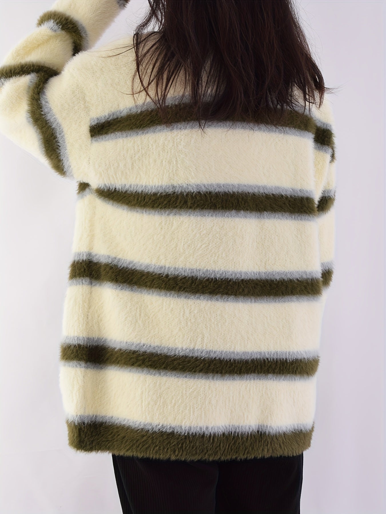 Antmvs Striped Button Down Knit Cardigan, Cute Long Sleeve Loose Sweater With Pocket, Women's Clothing