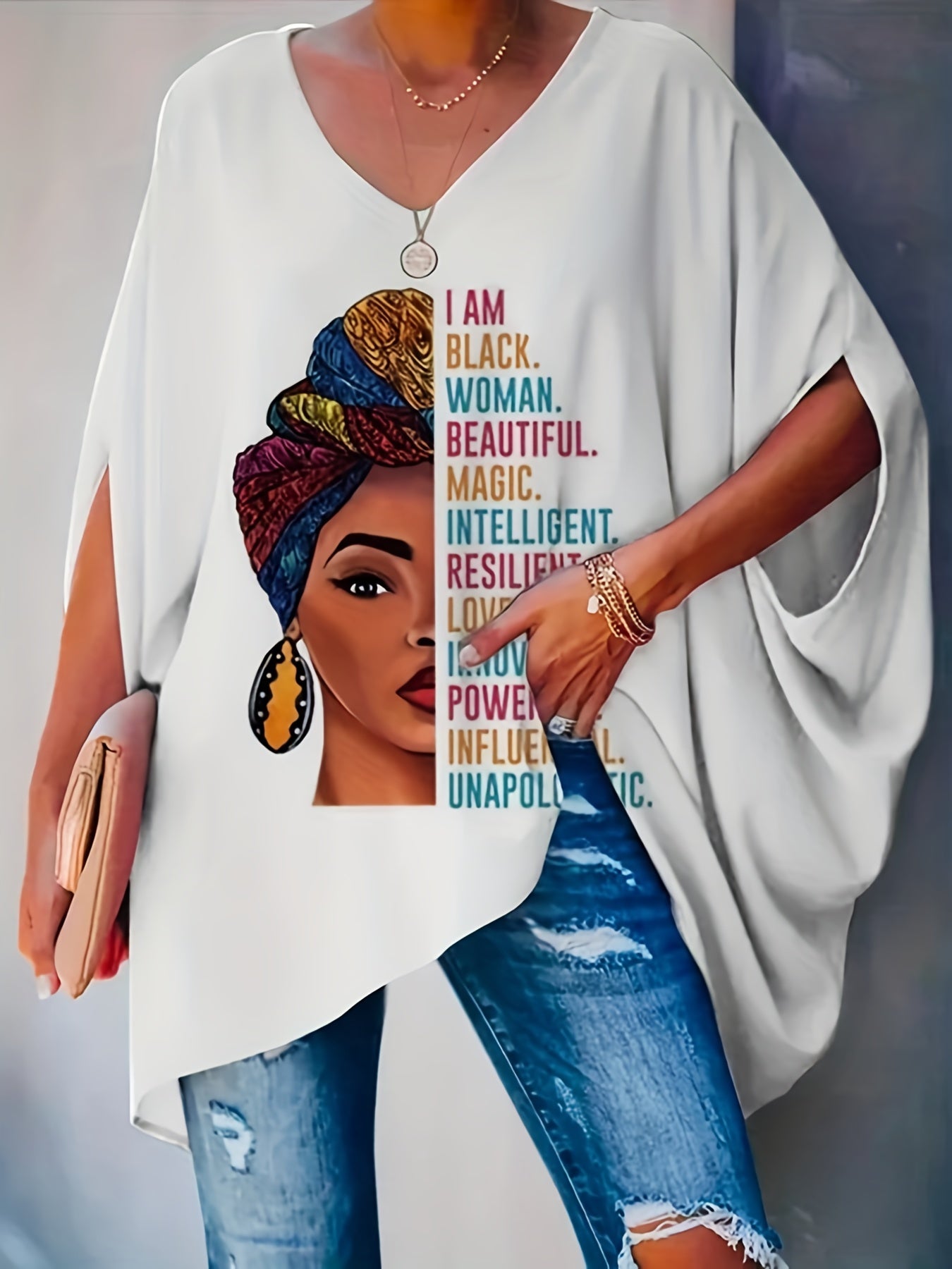 Antmvs Plus Size Casual Top, Women's Plus Cartoon Figure & Slogan Print Bat Sleeve V Neck Medium Stretch Oversized Top