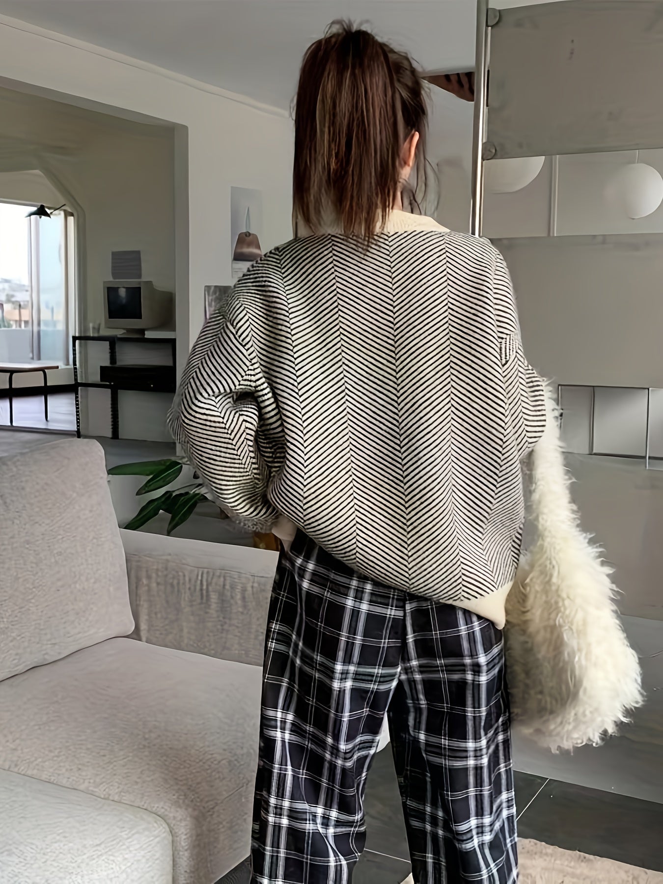 Antmvs Striped Crew Neck Pullover Sweater, Casual Long Sleeve Loose Sweater, Women's Clothing