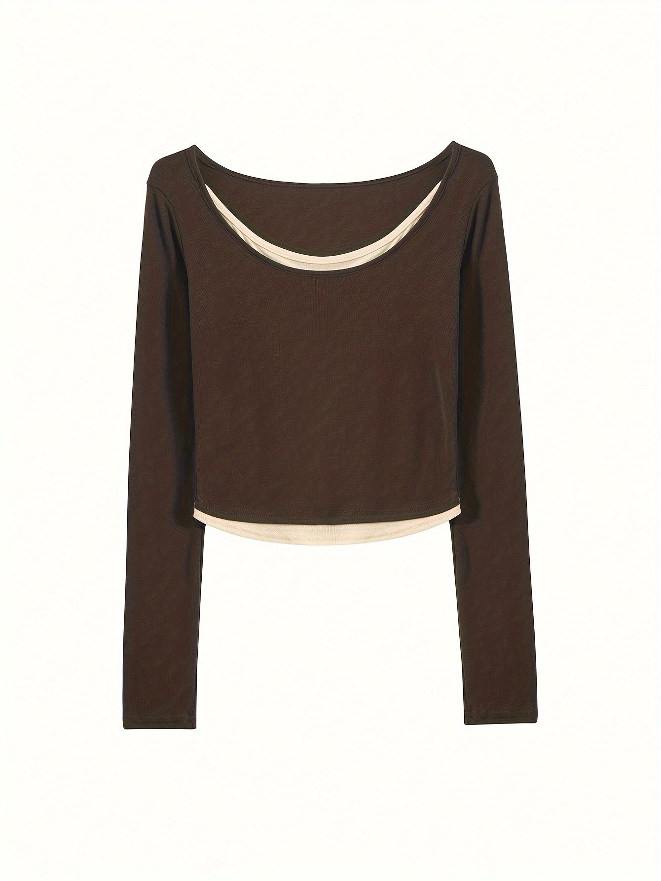 Antmvs Contrast Trim Crew Neck Crop T-Shirt, Casual Long Sleeve T-Shirt For Spring & Fall, Women's Clothing
