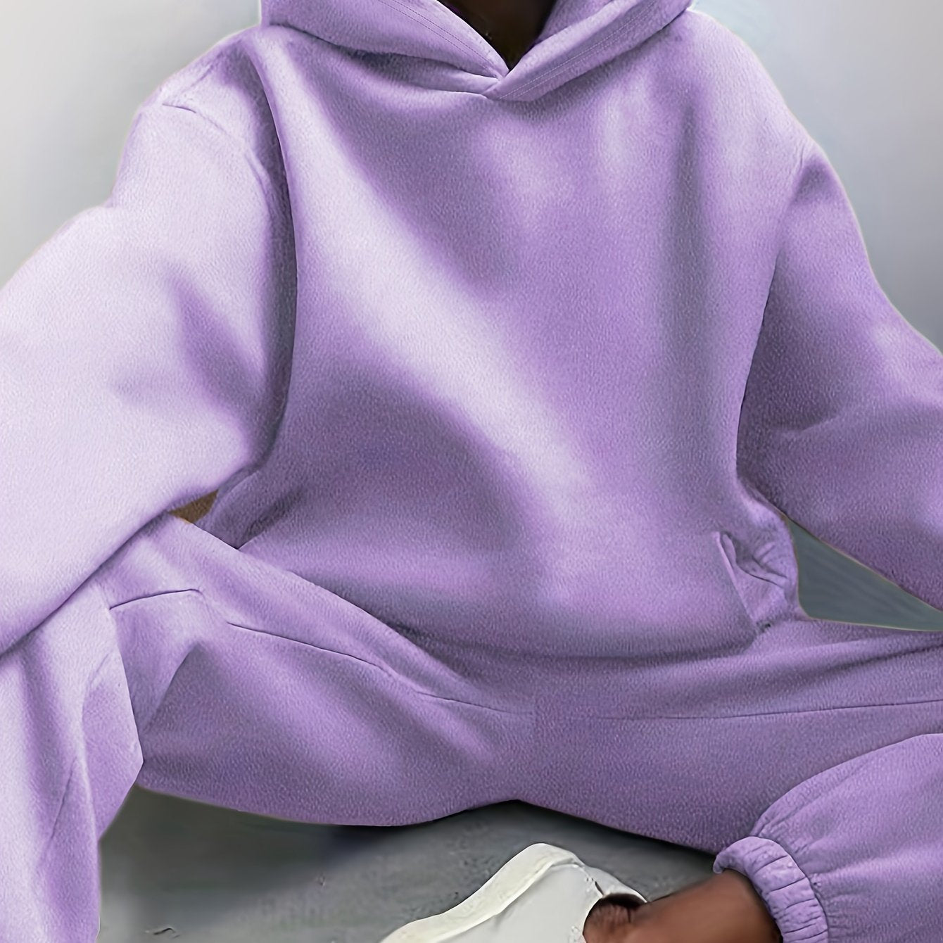 Antmvs Casual Solid Two-piece Set, Drop Shoulder Long Sleeve Hoodies & Elastic Waist Jogger Pants Outfits, Women's Clothing
