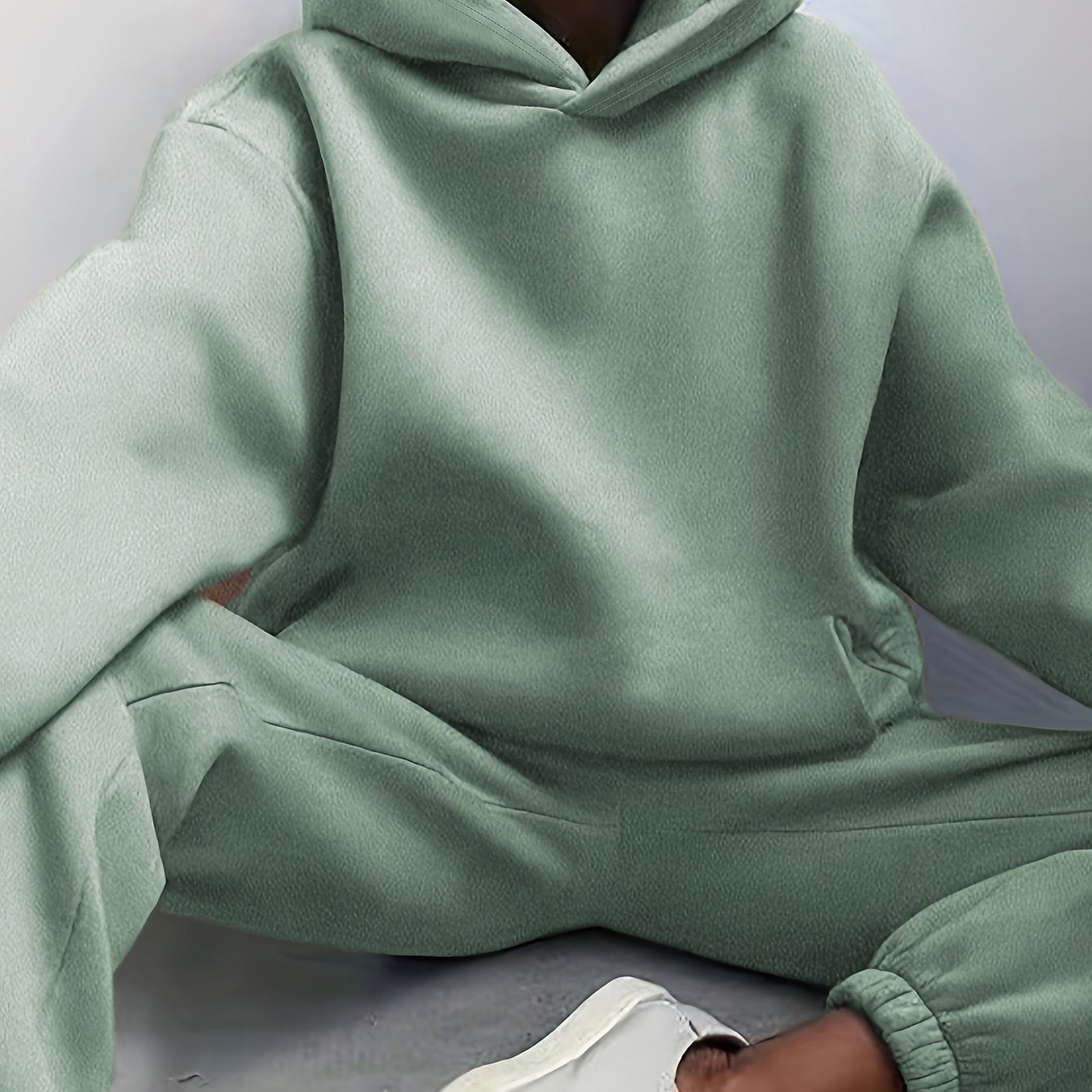 Antmvs Casual Solid Two-piece Set, Drop Shoulder Long Sleeve Hoodies & Elastic Waist Jogger Pants Outfits, Women's Clothing
