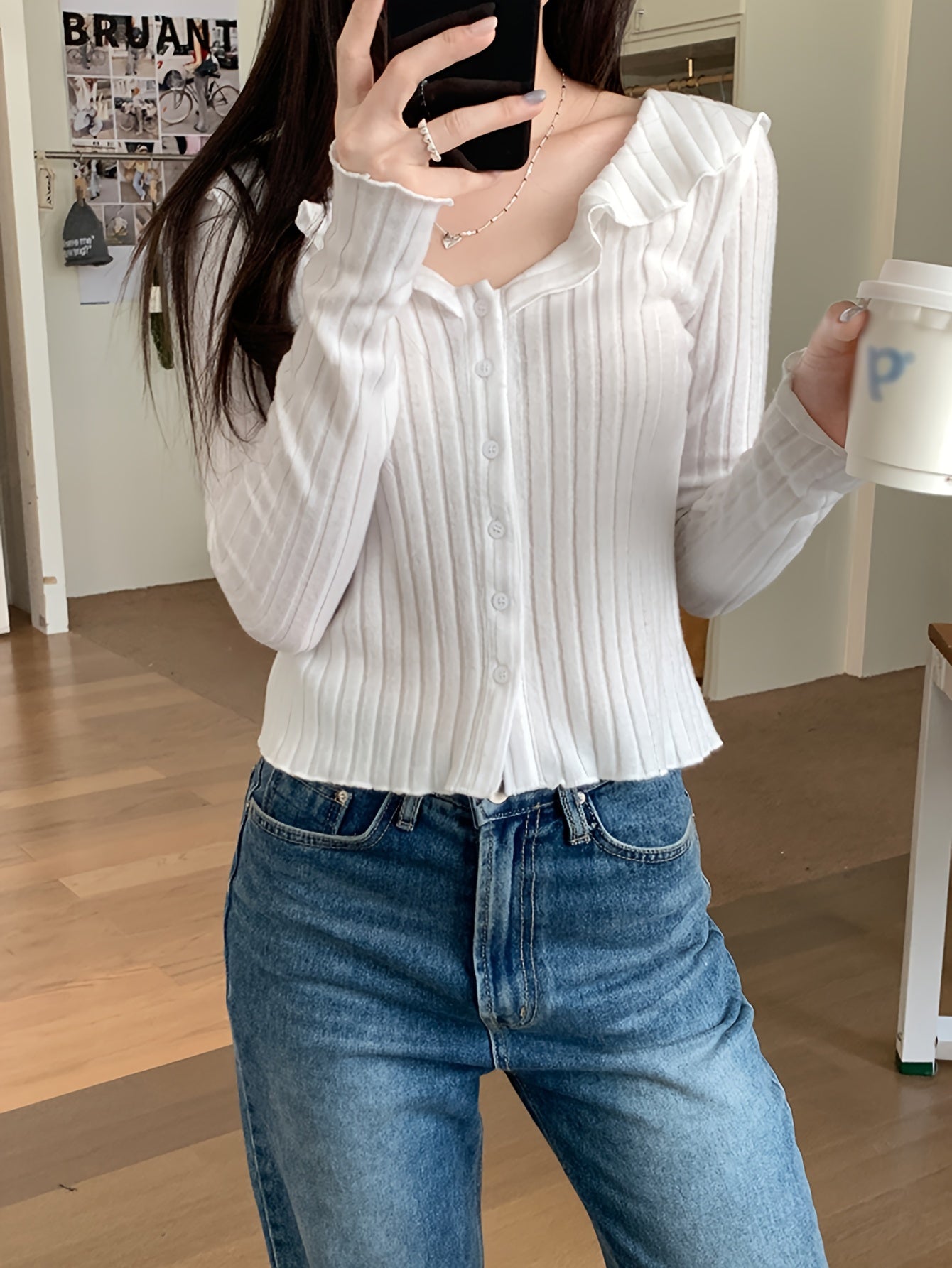 Antmvs Solid Button Down Slim Knit Cardigan, Casual Collared Lettuce Trim Long Sleeve Thin Top, Women's Clothing