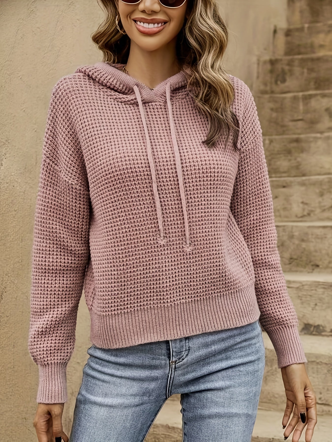 Antmvs Waffle Hooded Knit Sweater, Casual Drawstring Solid Long Sleeve Sweater, Women's Clothing