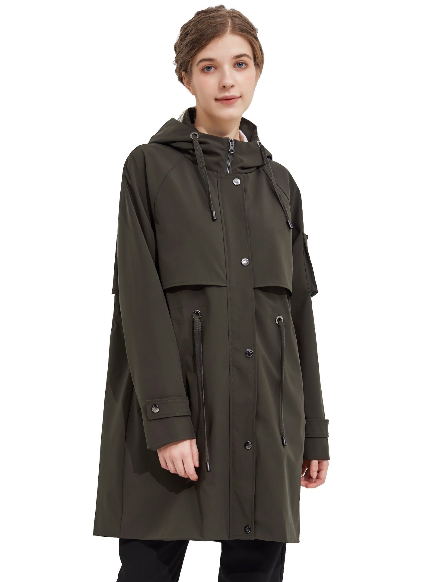 Antmvs Drawstring Hooded Coat, Casual Solid Button Front Long Sleeve Outerwear, Women's Clothing
