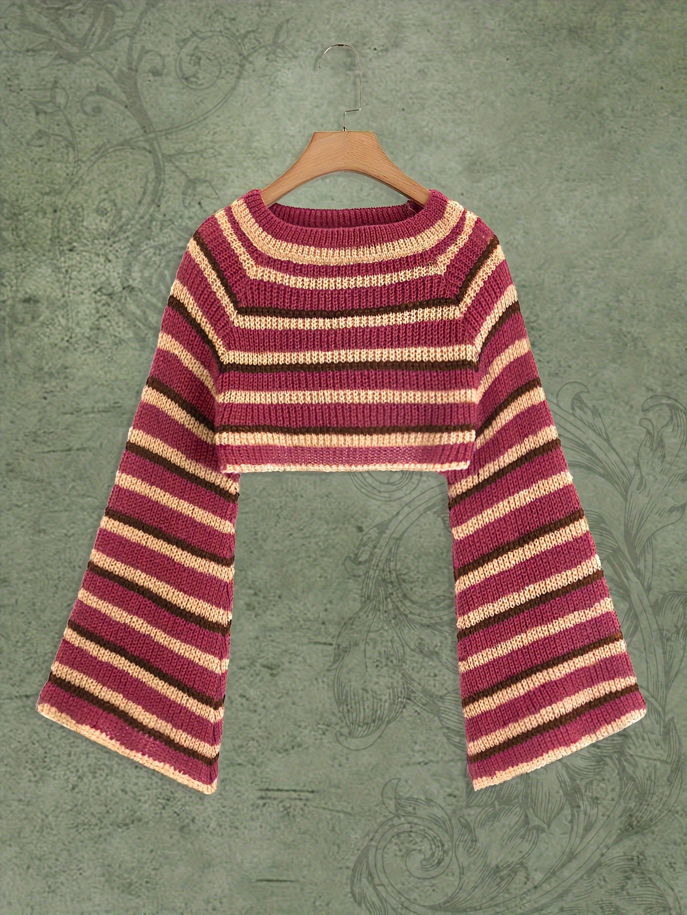 Antmvs Y2K Striped Crew Neck Knit Sweater, Bell Sleeve Crop Sweater For Spring & Fall, Women's Clothing