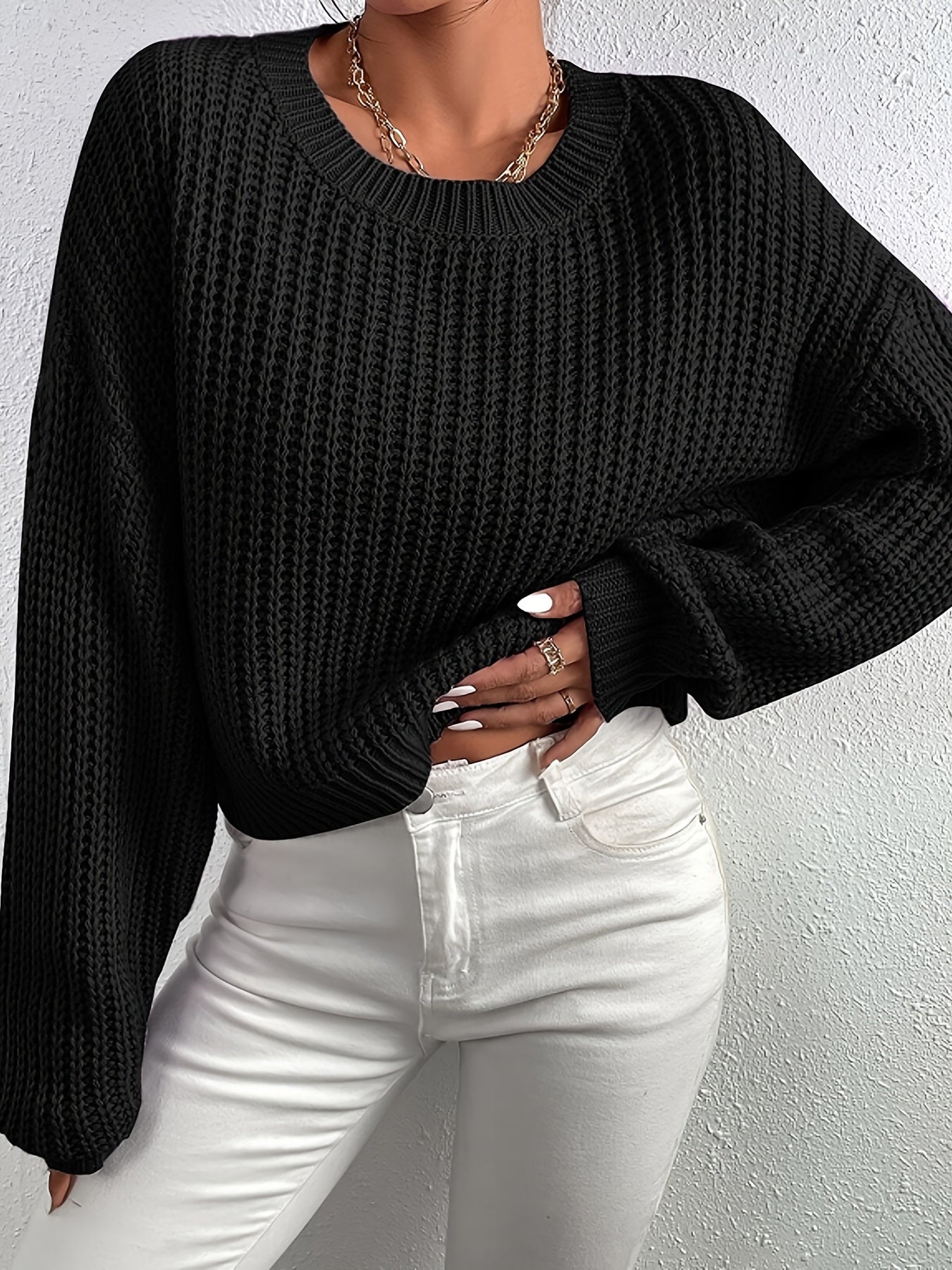 Antmvs Crew Neck Rib Knit Sweater, Casual Drop Shoulder Oversized Long Sleeve Loose Fall Winter Knit Sweater, Women's Clothing