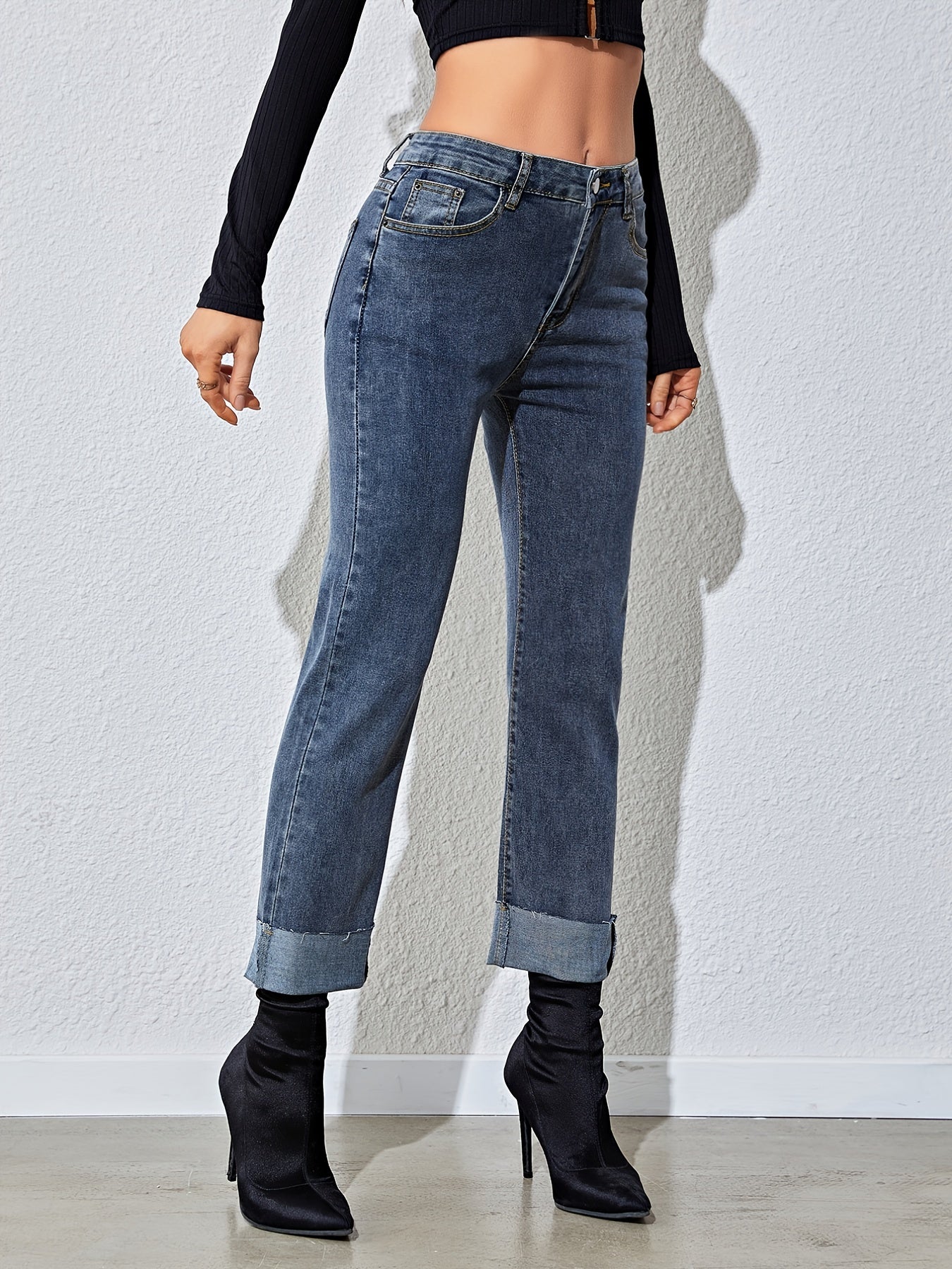 Antmvs Raw Hem Rolled Legs Mid Rise Slim Fit Straight Legs High Stretchy Washed Blue Color Vintage Straight Jeans, Women's Denim Jeans