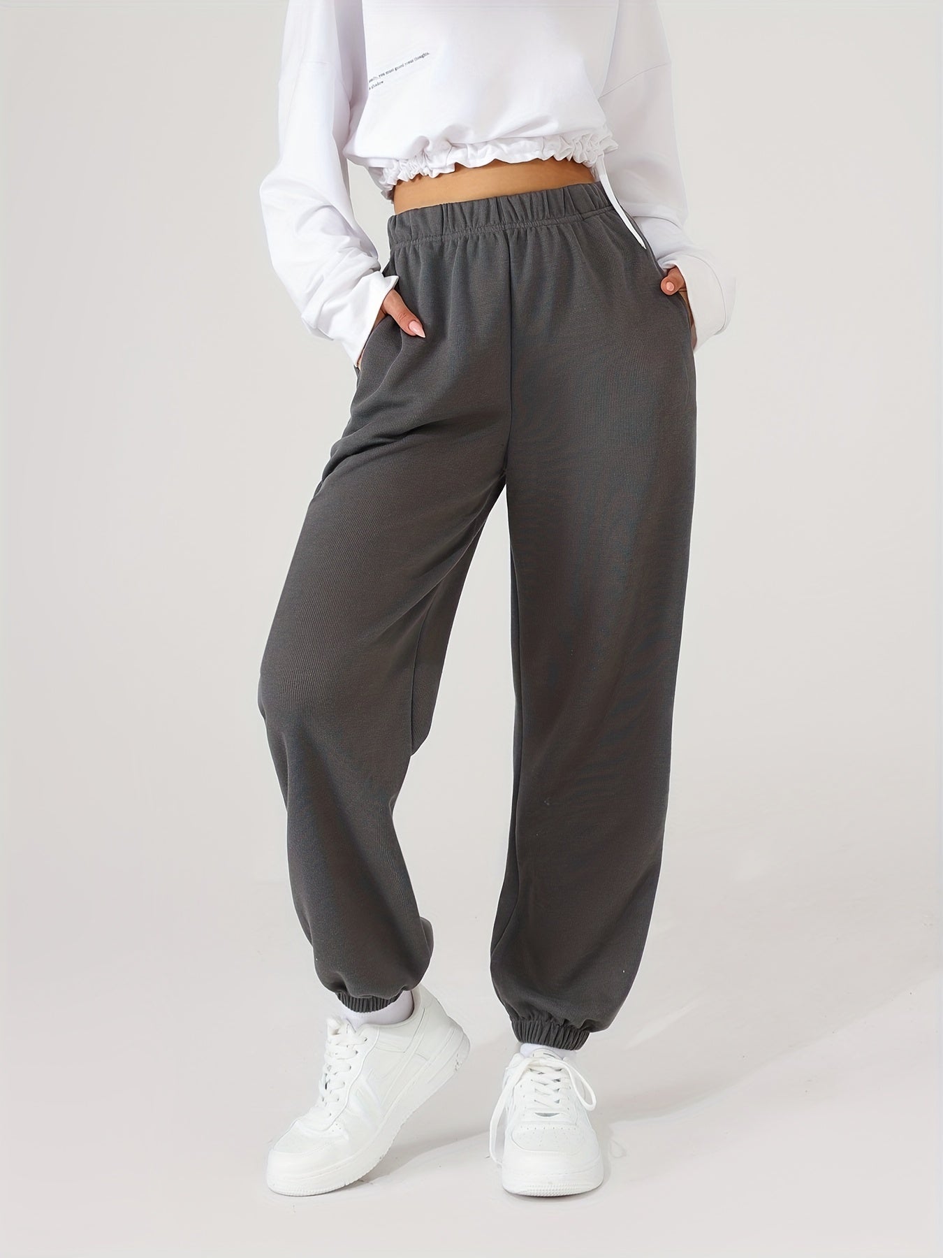 Antmvs Women's Elastic Solid Color High Waist Sweatpants Autumn And Winter, Comfortable Loose Workout Pocket Jogger Pants, Women's Activewear