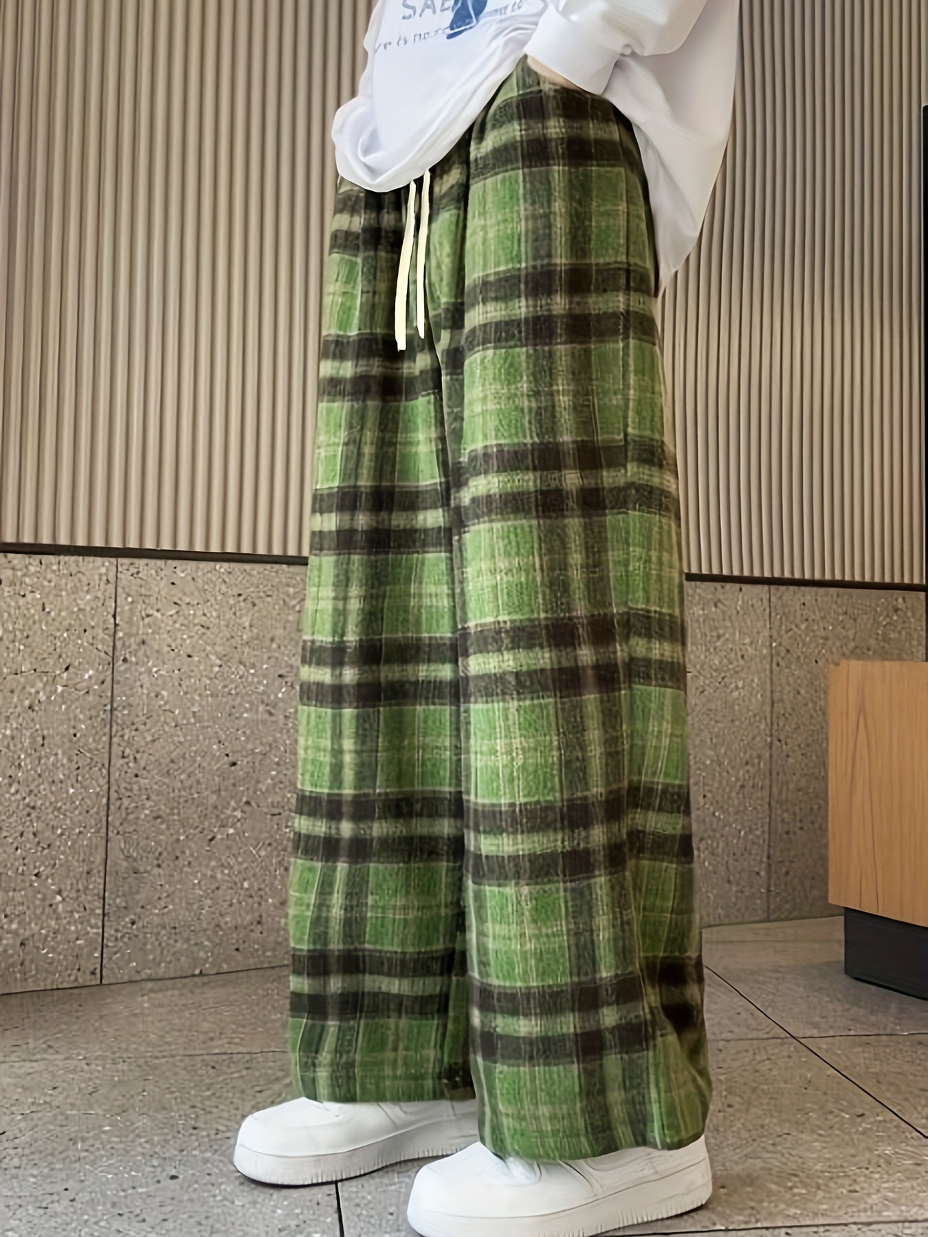 Antmvs Plaid Pattern Drawstring Pants, Vintage Wide Leg Pants For Spring & Fall, Women's Clothing