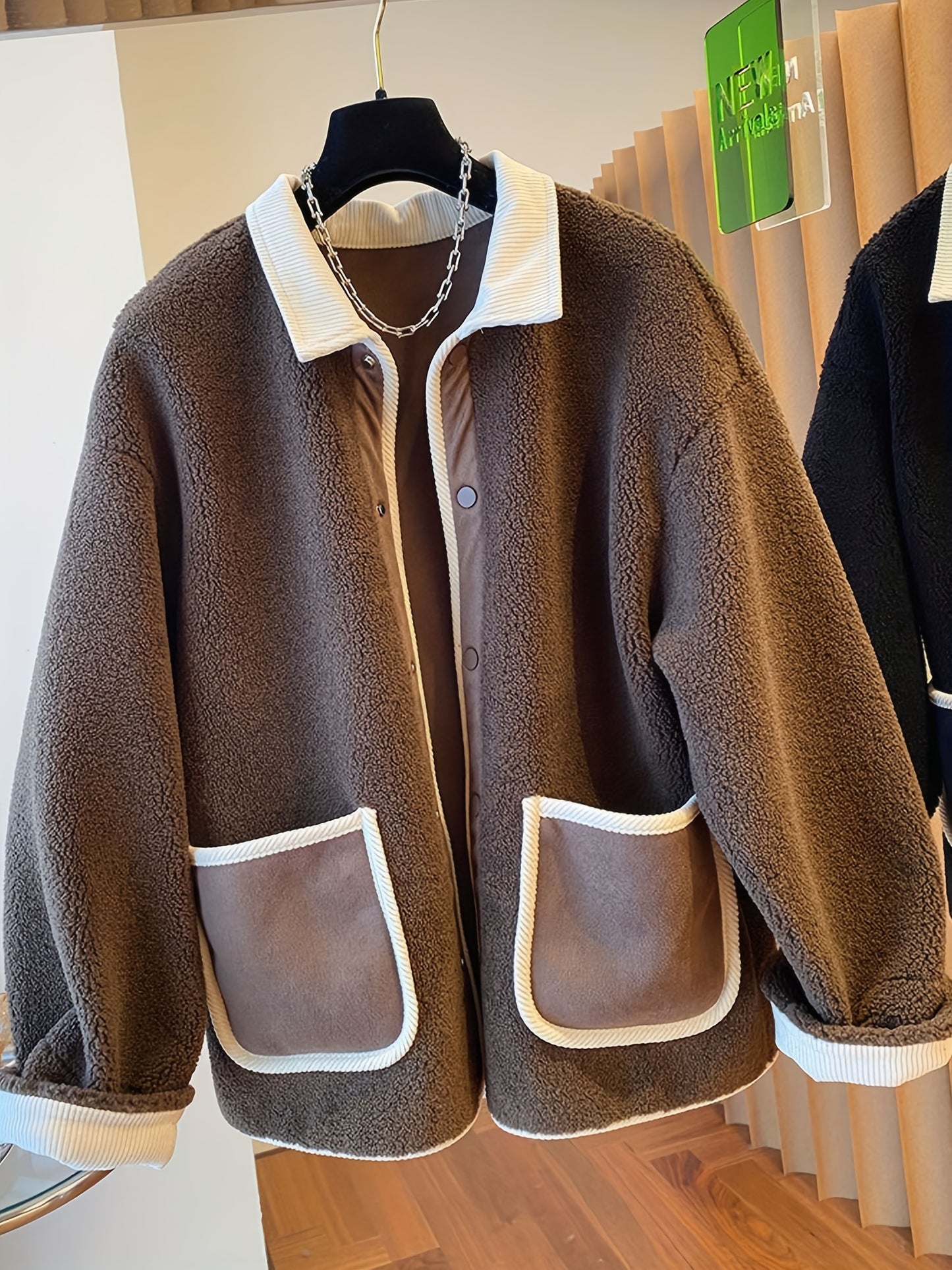 Antmvs Contrast Trim Patched Pockets Outwear, Versatile Long Sleeve Button Front Coat For Fall & Winter, Women's Clothing