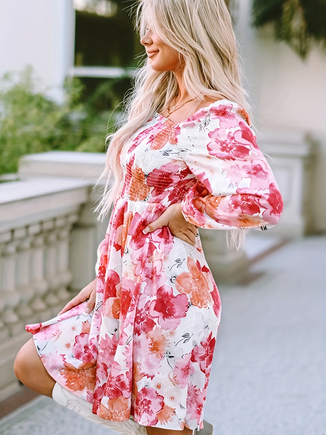 Antmvs Floral Print Shirred Dress, Elegant Long Sleeve Dress, Women's Clothing