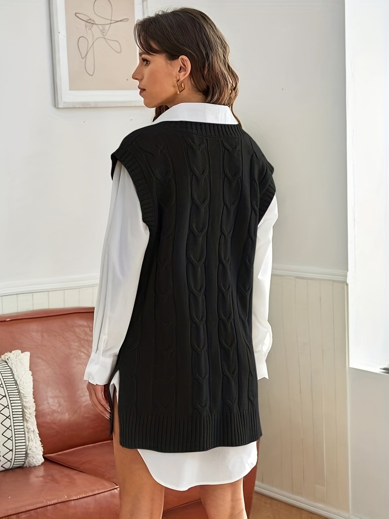 Antmvs Solid Cable Knit V Neck Sweater Vest, Casual Sleeveless Sweater For Winter & Fall, Women's Clothing
