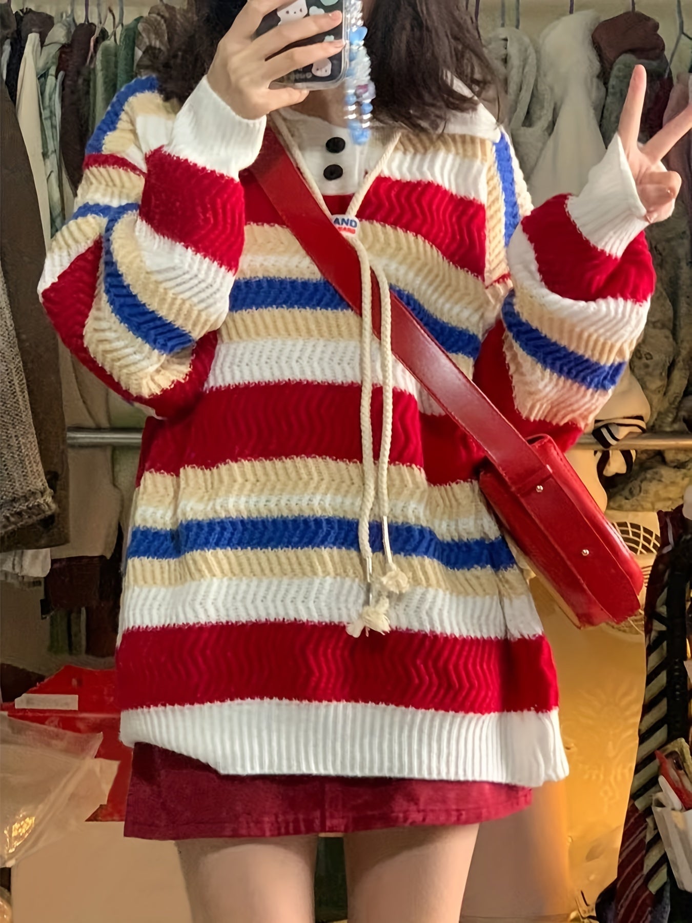 Antmvs Striped Button Front Knit Sweater, Cute Long Sleeve Pullover Sweater For Fall & Winter, Women's Clothing