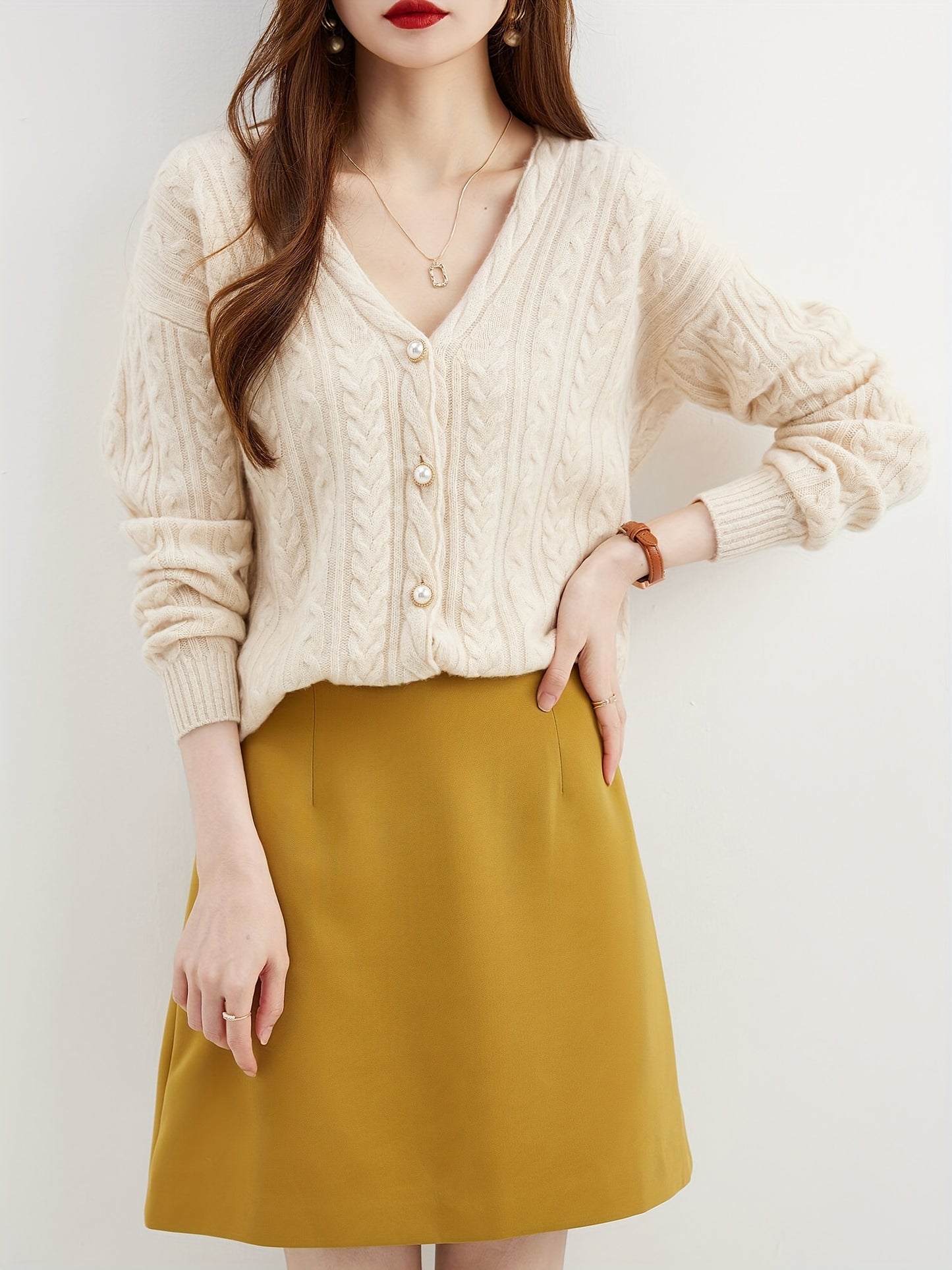 Antmvs Solid Button Down Wool Cable Knit Cardigan, Elegant V Neck Long Sleeve Cozy Sweater, Women's Clothing