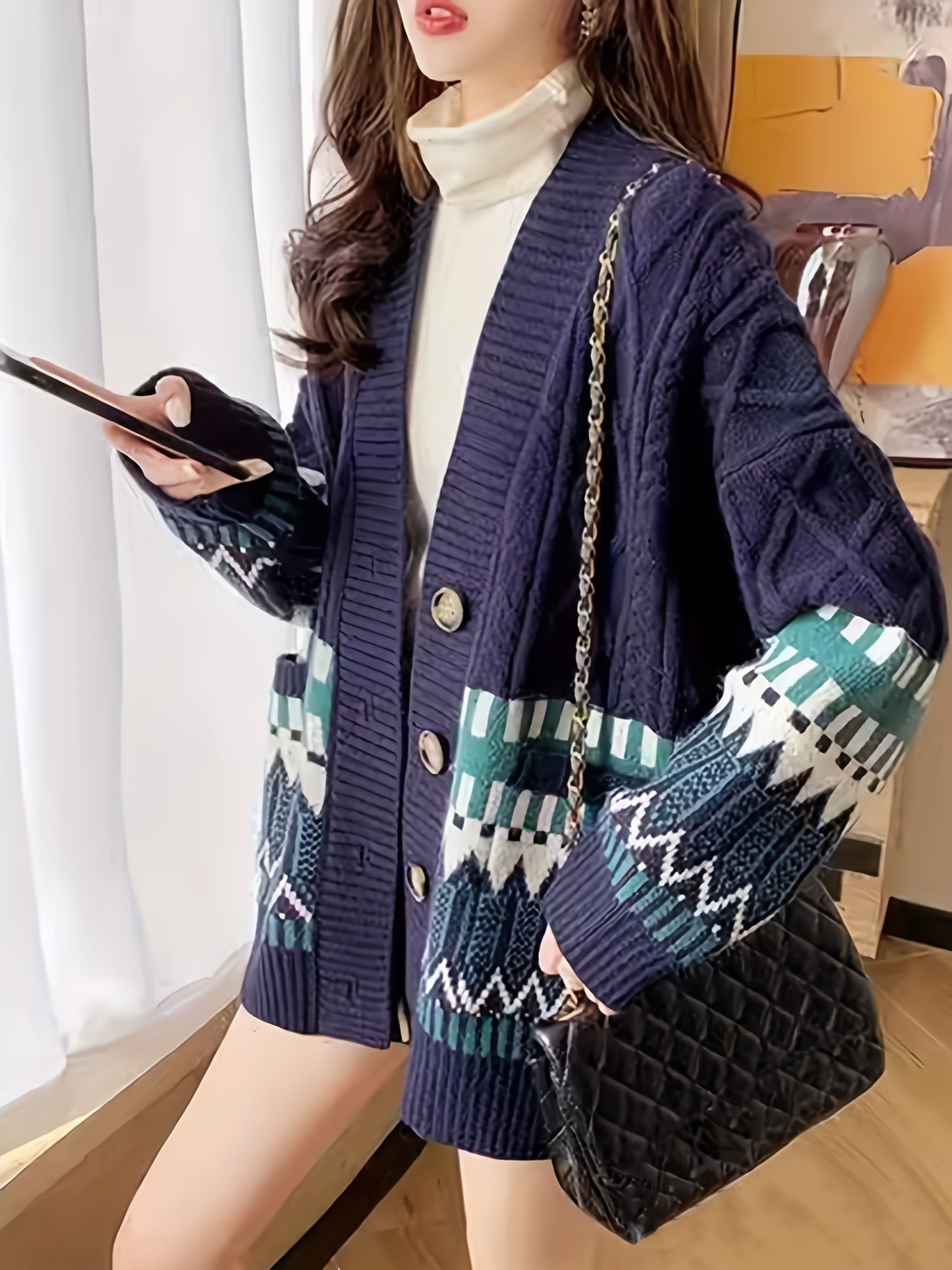 Antmvs Geo Pattern Button Down Knit Cardigan, Elegant Long Sleeve Loose Sweater With Pocket, Women's Clothing