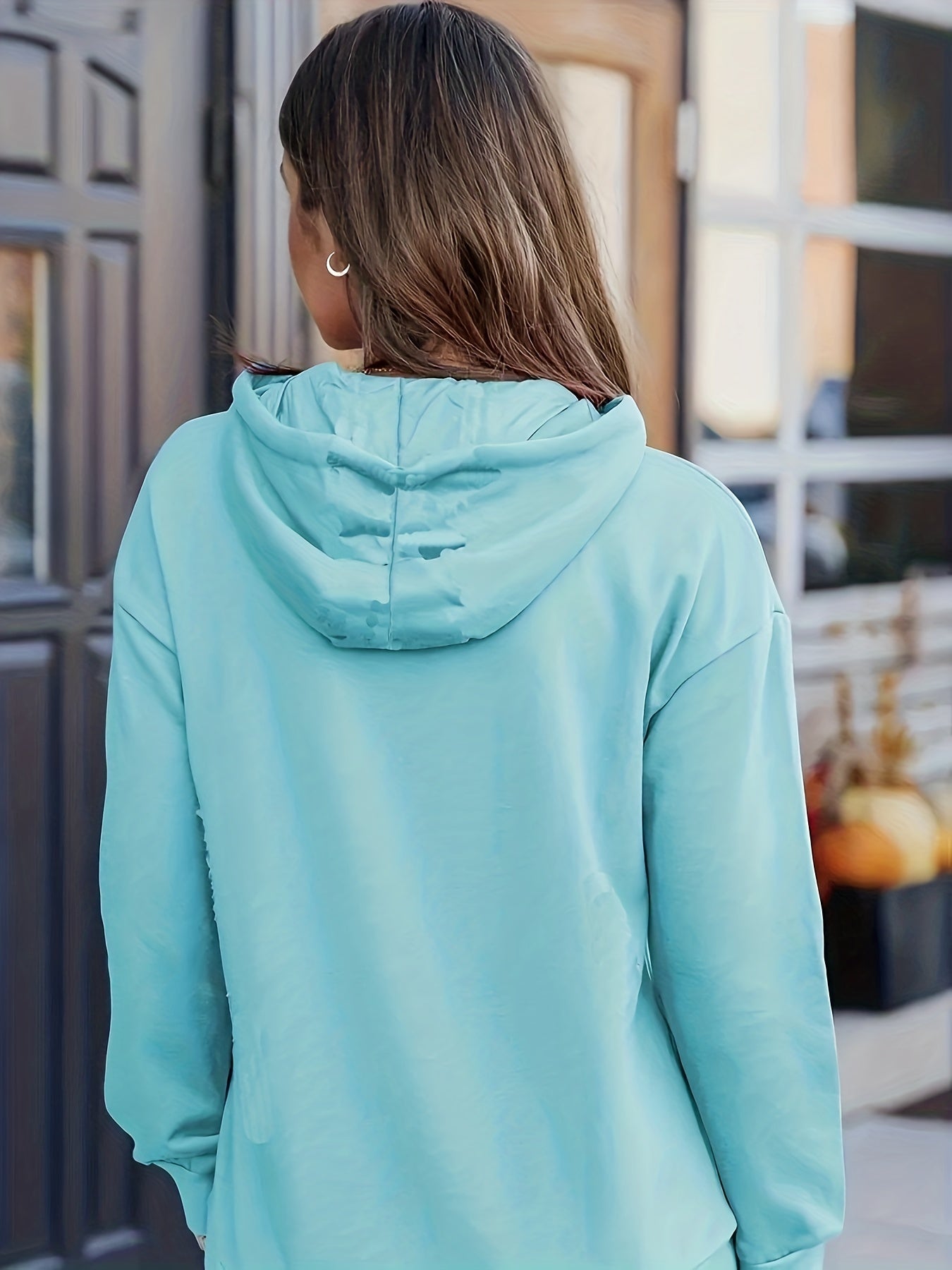 Antmvs Plus Size Casual Sweatshirt, Women's Plus Solid Cut Out Long Sleeve Slight Stretch Drawstring Hoodie With Pocket