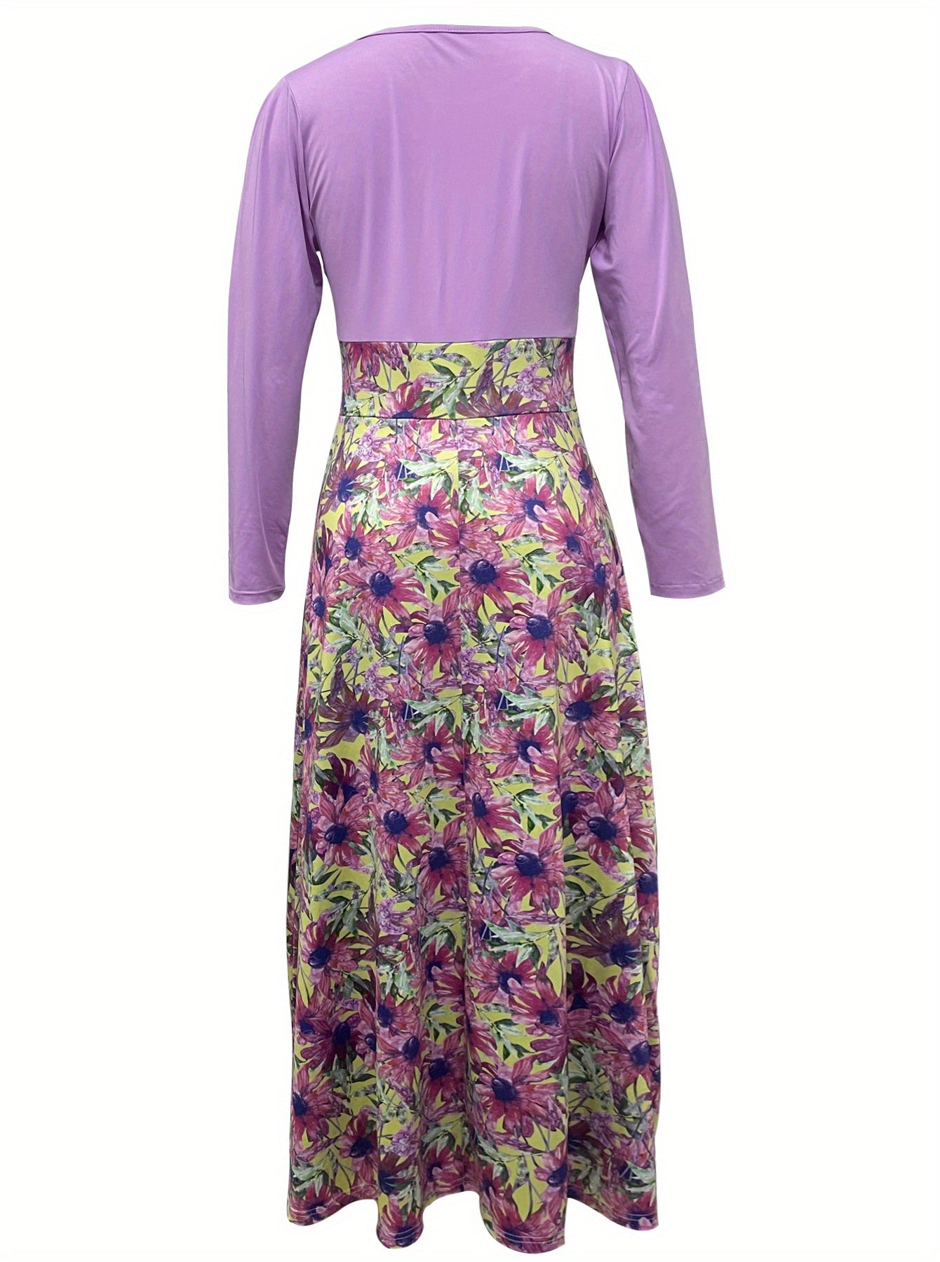 Antmvs Floral Print Splicing Dress, Casual Crew Neck Long Sleeve Dress, Women's Clothing