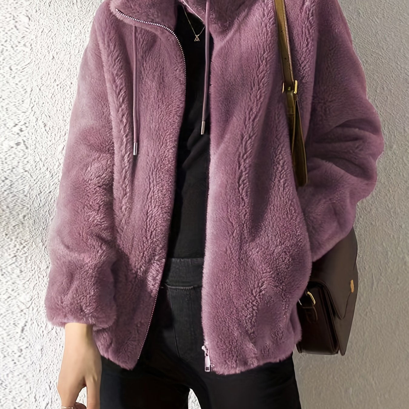 Antmvs Drawstring Teddy Coat, Casual Zip Up Long Sleeve Warm Outerwear, Women's Clothing