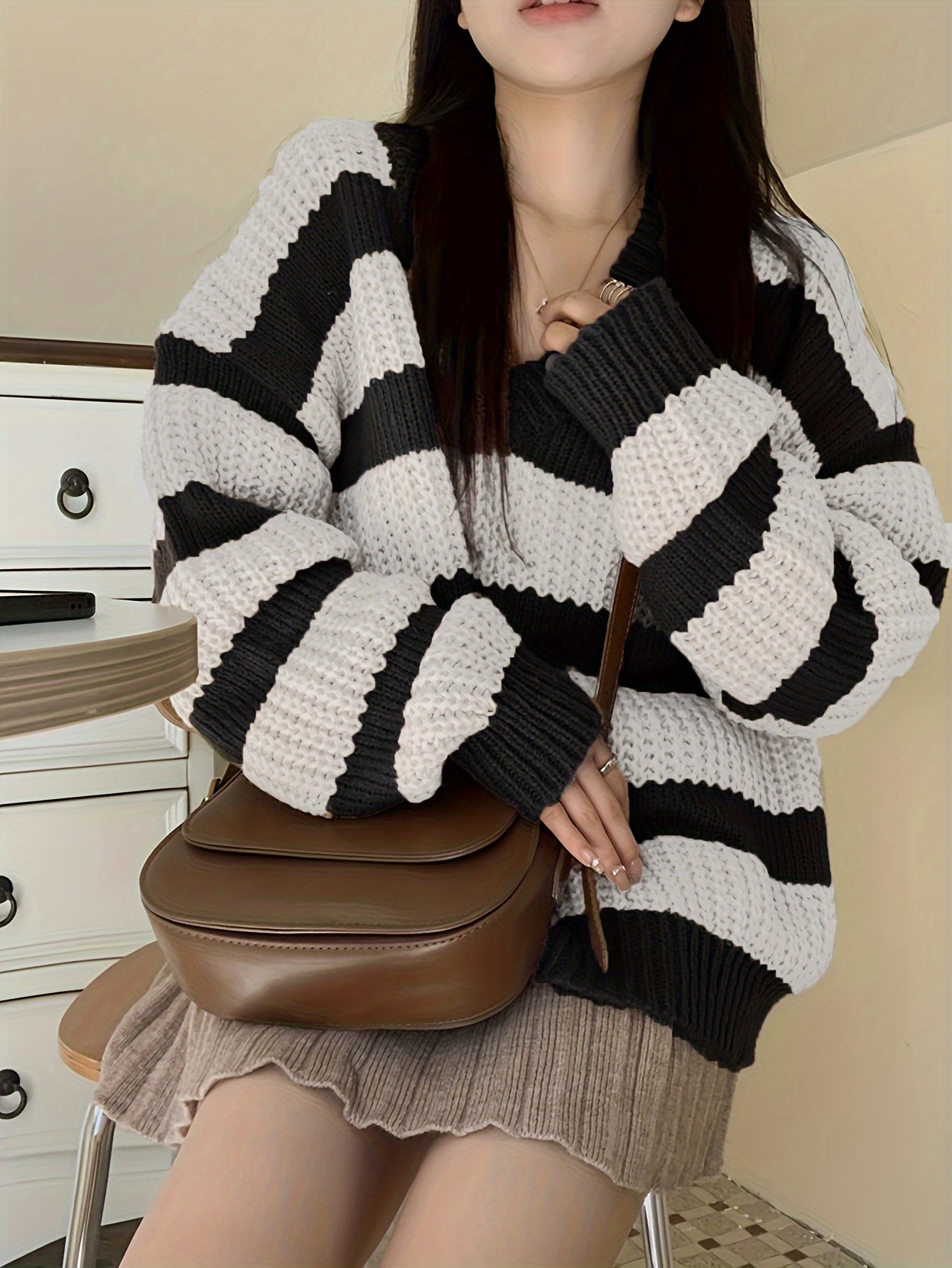 Antmvs Striped V Neck Pullover Sweater, Casual Long Sleeve Drop Shoulder Sweater, Women's Clothing