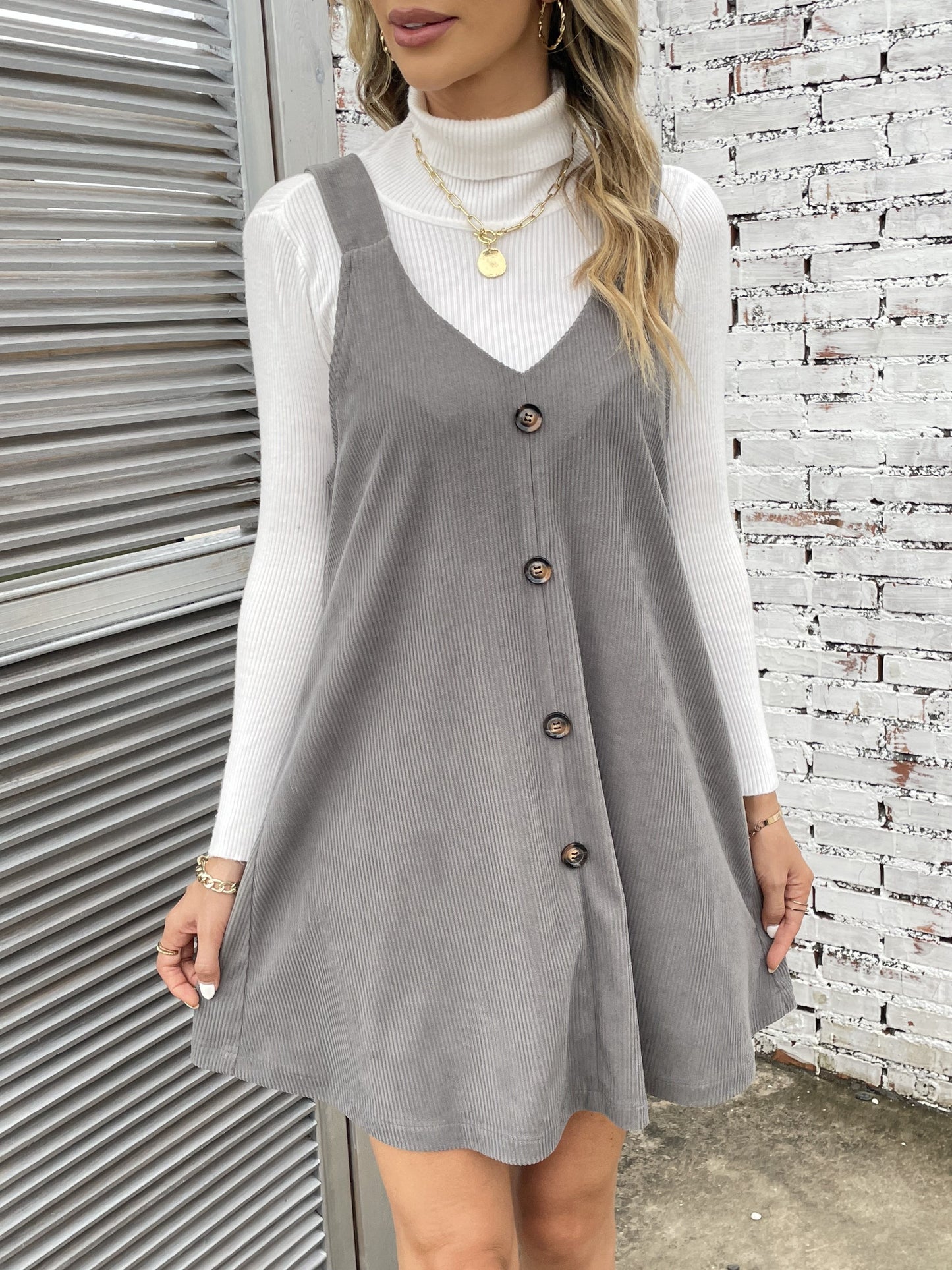 Antmvs Button Front Solid Overall Dress, Casual Sleeveless V Neck Dress, Women's Clothing