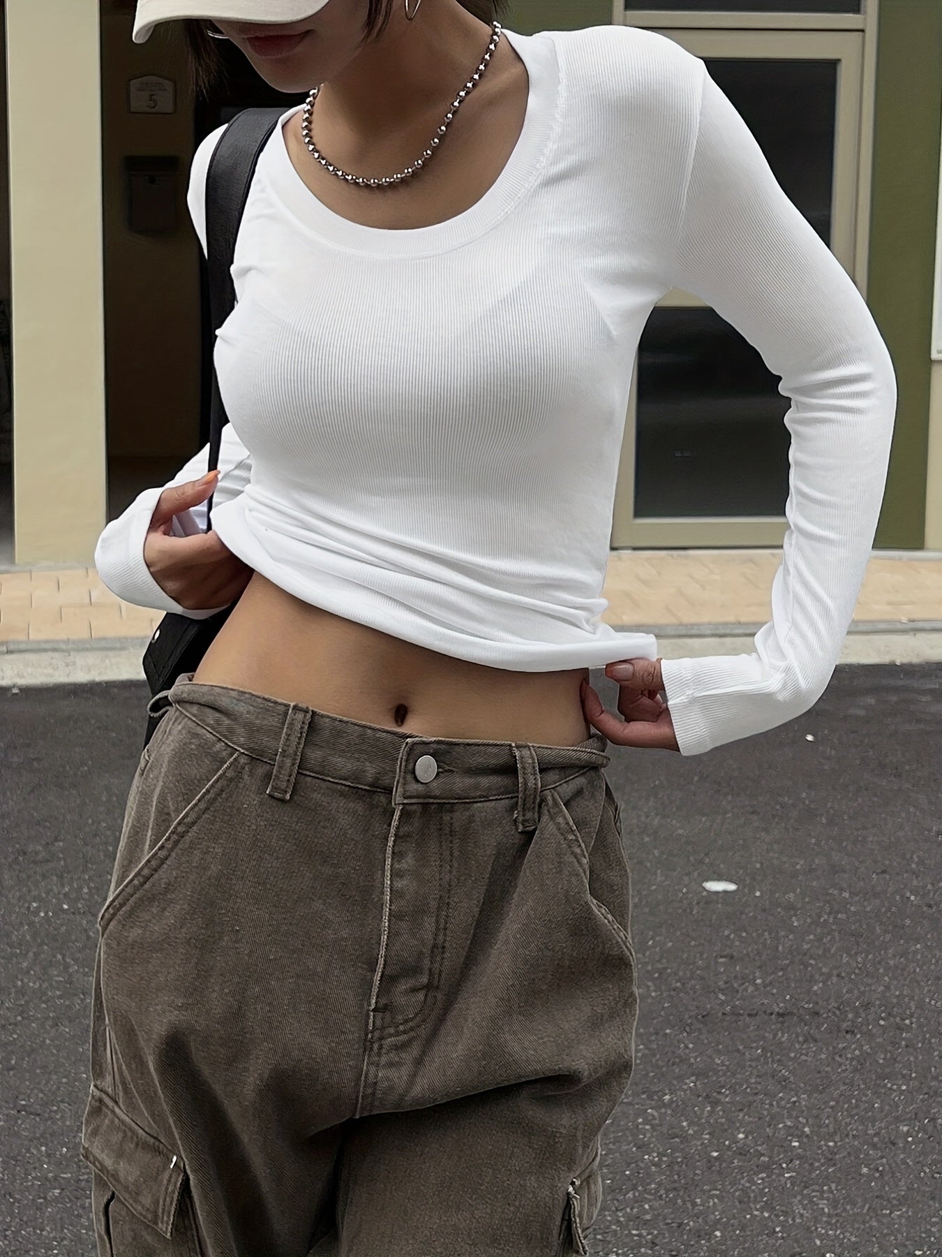 Antmvs Versatile Solid Crew Neck Skinny T-Shirt, Casual Long Sleeve T-Shirt For Spring & Fall, Women's Clothing