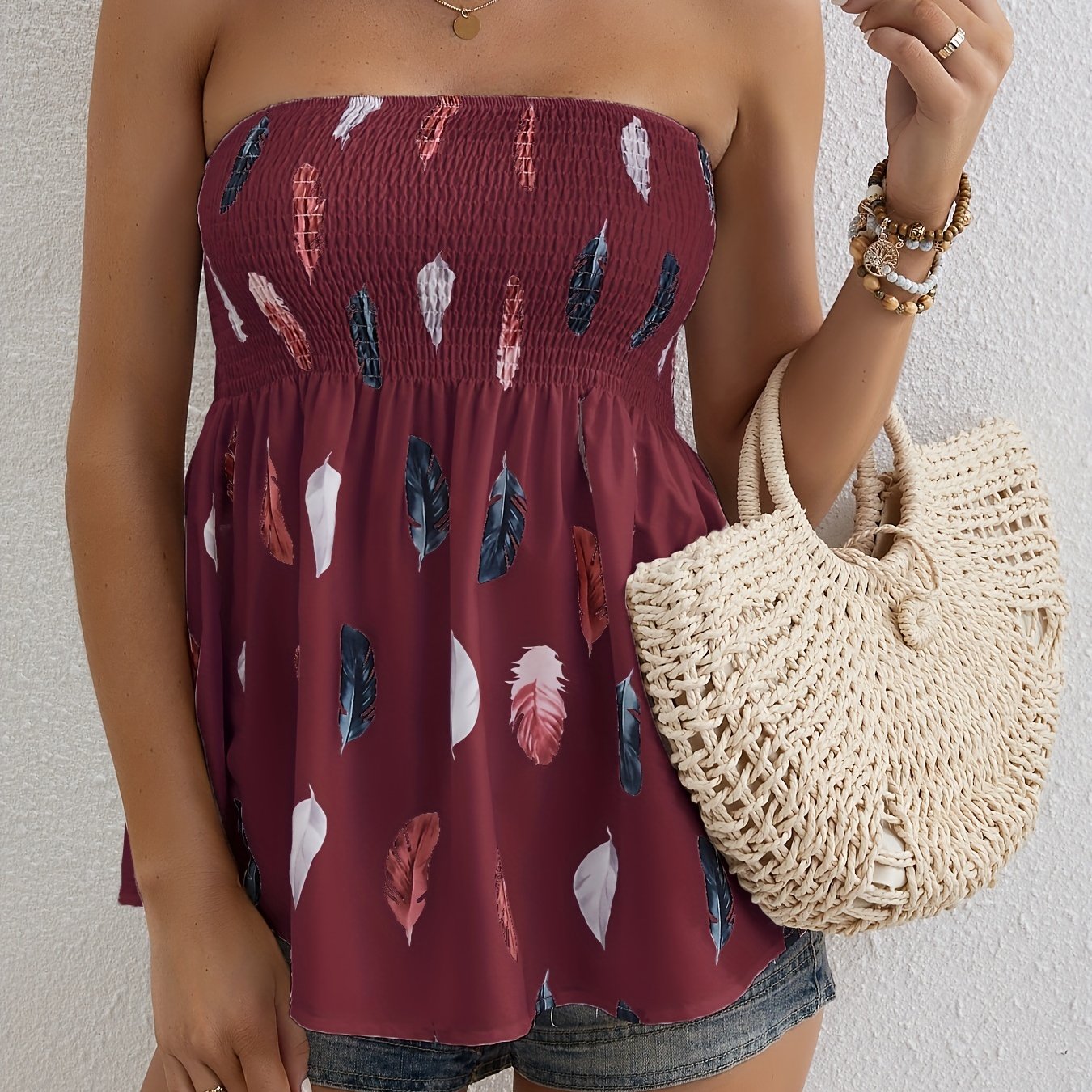 Antmvs Feather Print Shirred Flared Tube Top, Resort Wear Sleeveless Top For Summer, Women's Clothing