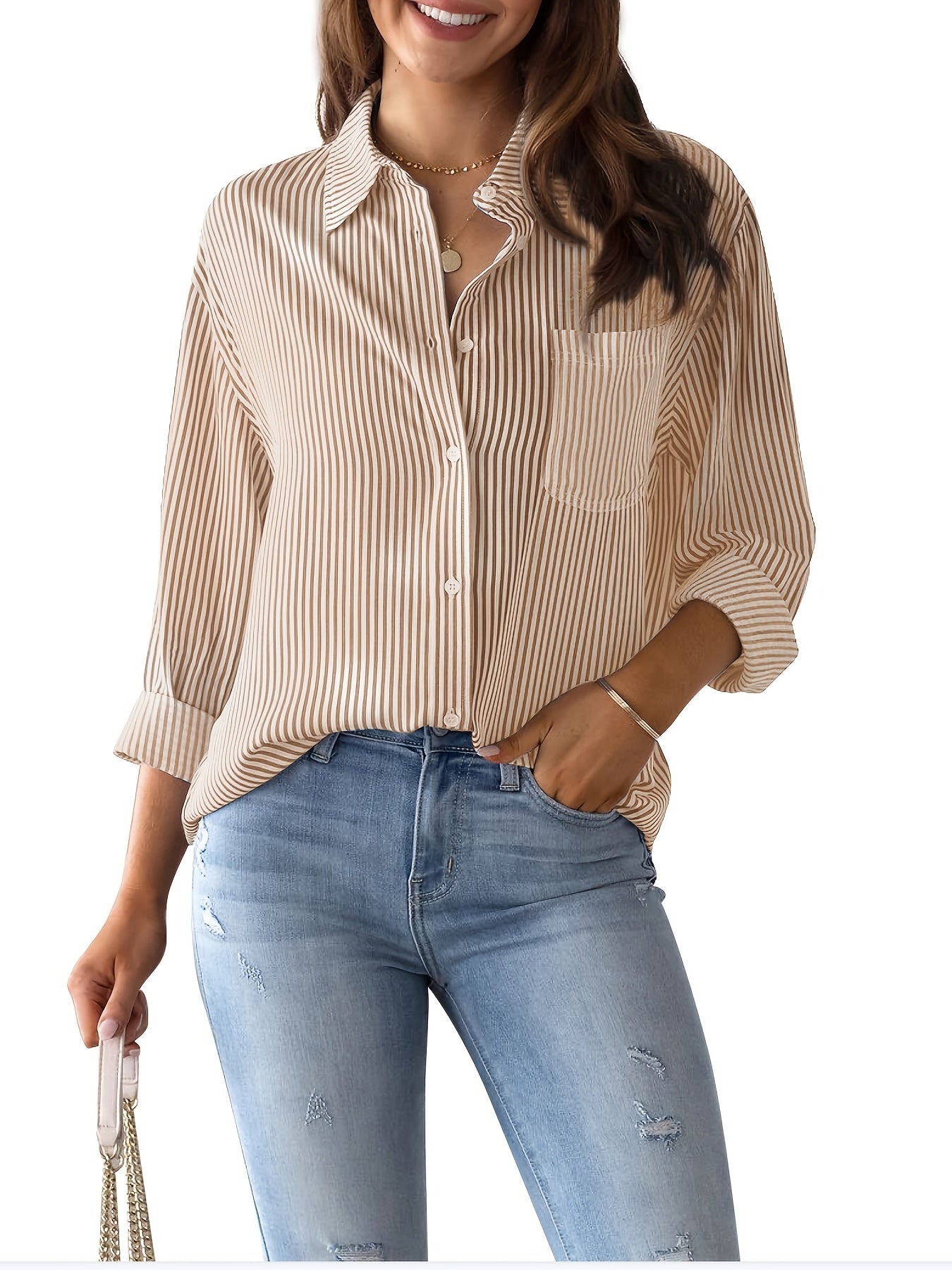 Antmvs Women's Loose Striped Blouse, Crew Neck Long Sleeve Blouse, Casual Every Day Blouse, Women's Clothing
