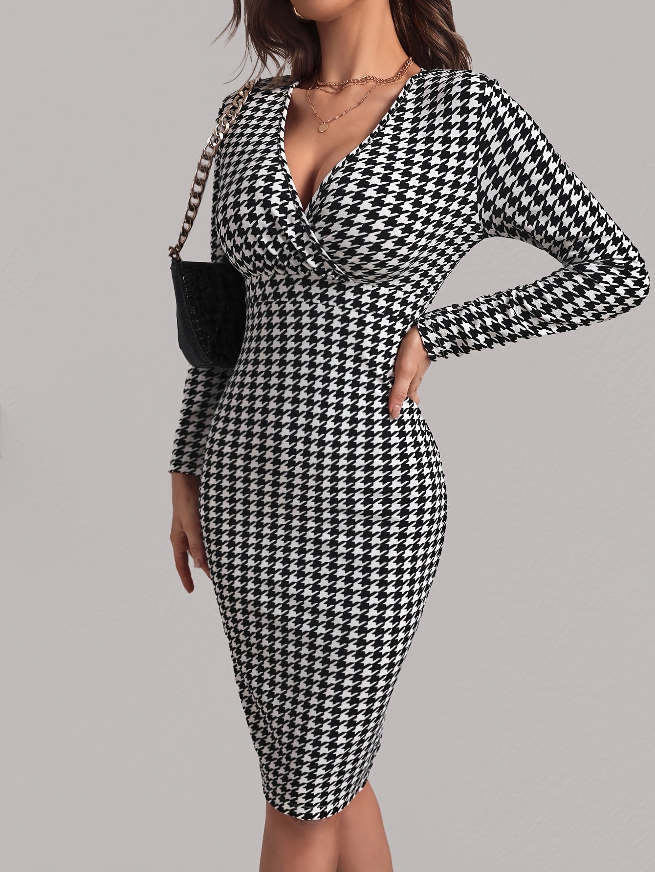 Antmvs Houndstooth Print Split Dress, Elegant V Neck Long Sleeve Dress, Women's Clothing