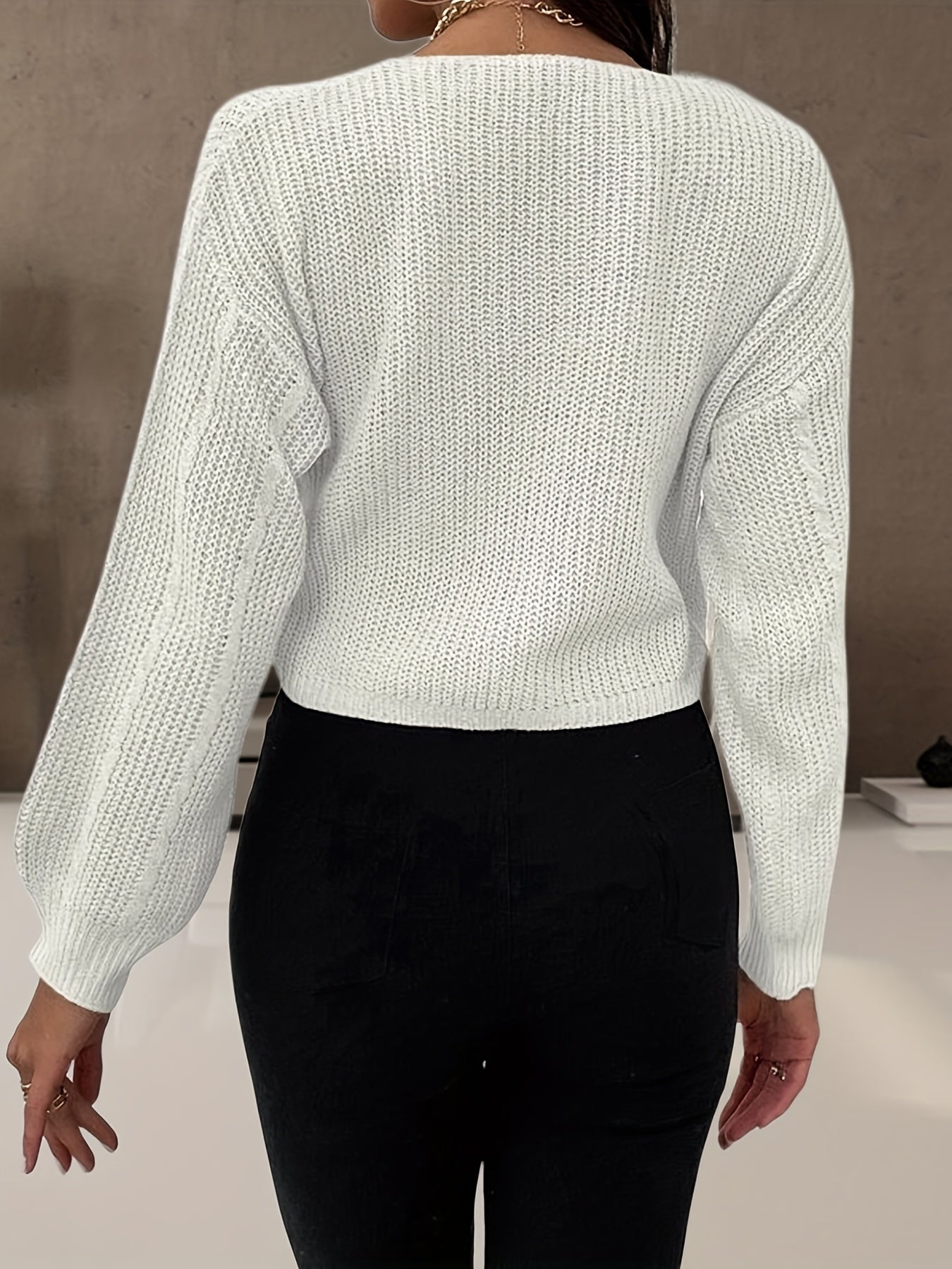 Antmvs Drawstring V Neck Crop Sweater, Casual Long Sleeve Sweater For Fall & Winter, Women's Clothing