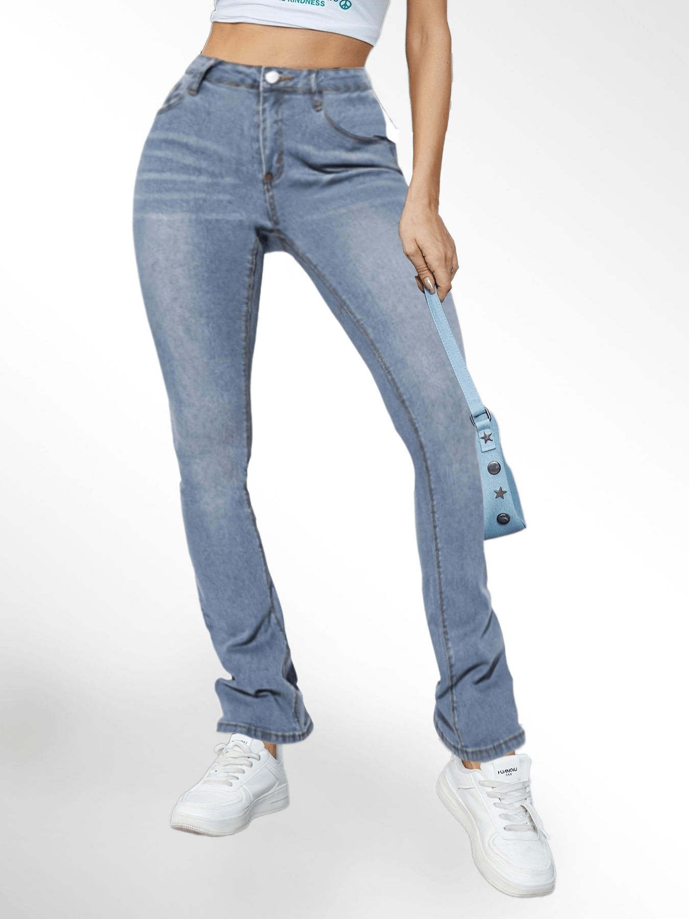 Antmvs Water Ripple Embossed Crotch Bootcut Jeans, Medium Blue Causal Stretchy Denim Pants, Women's Denim Jeans & Clothing