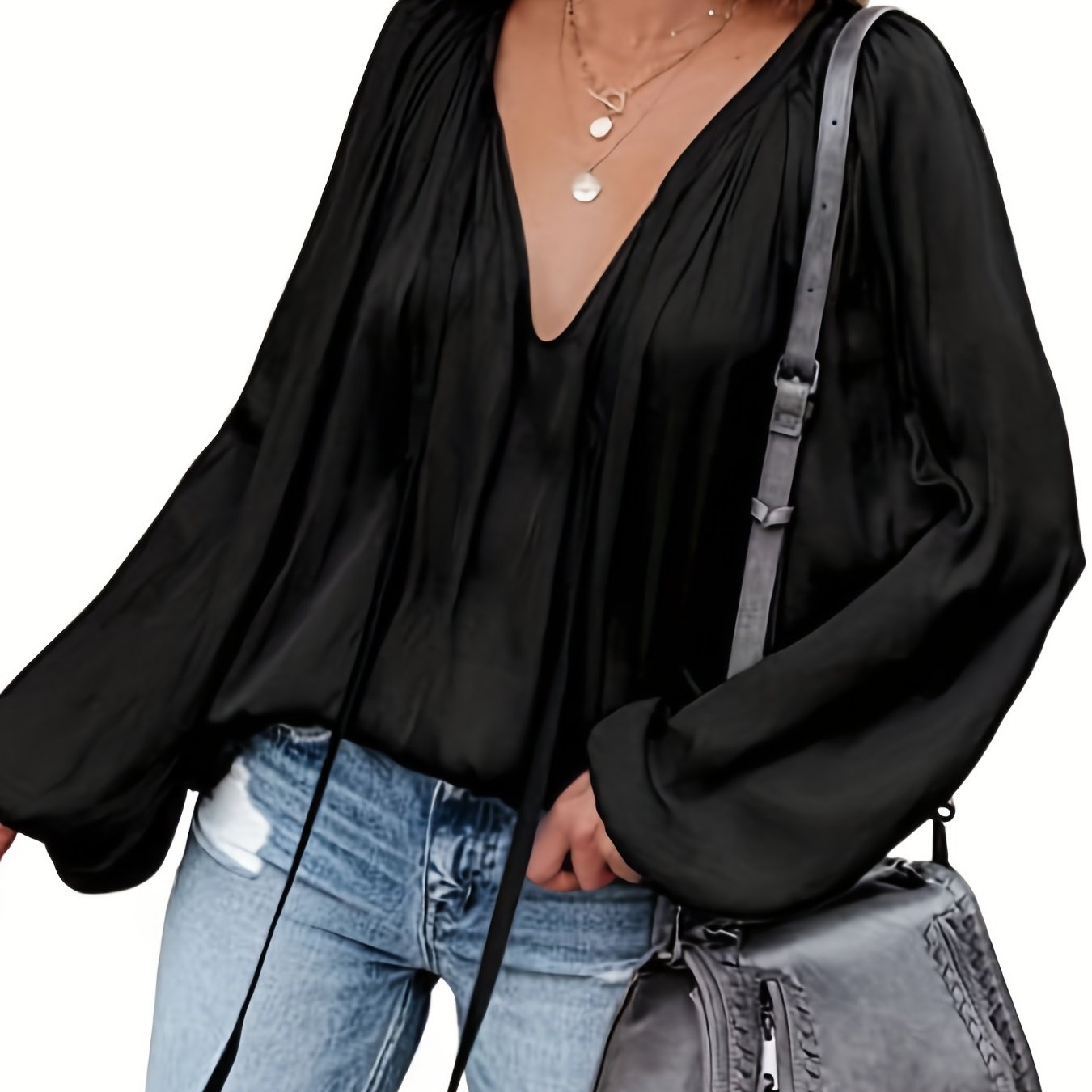 Antmvs Lantern Long Sleeve Satin Blouse, Elegant V Neck Tops For Spring & Summer, Women's Clothing
