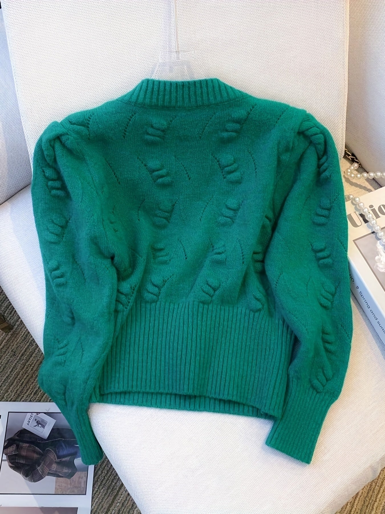 Antmvs Solid Rib Knit Sweater, Casual Crew Neck Long Sleeve Sweater, Women's Clothing