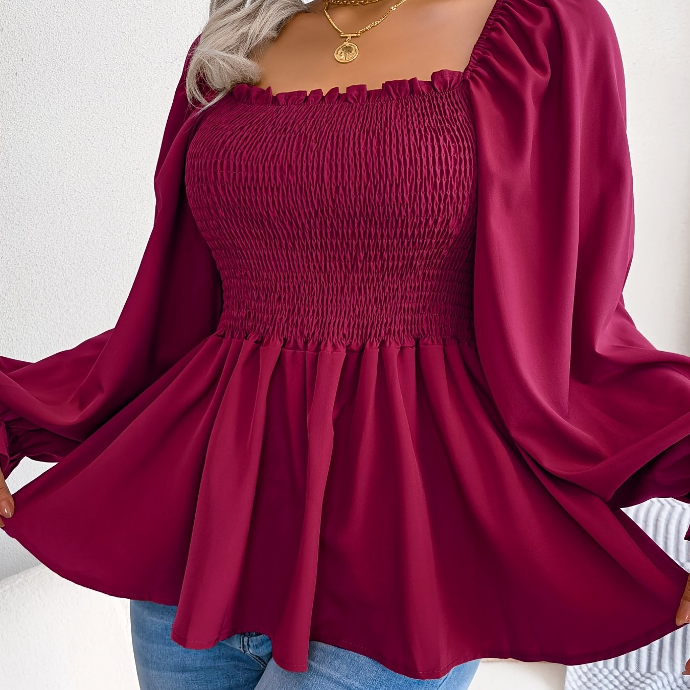 Antmvs Shirred Lantern Sleeve Shirt, Casual Squared Neck Pleated Ruffle Trim Solid Shirt, Women's Clothing