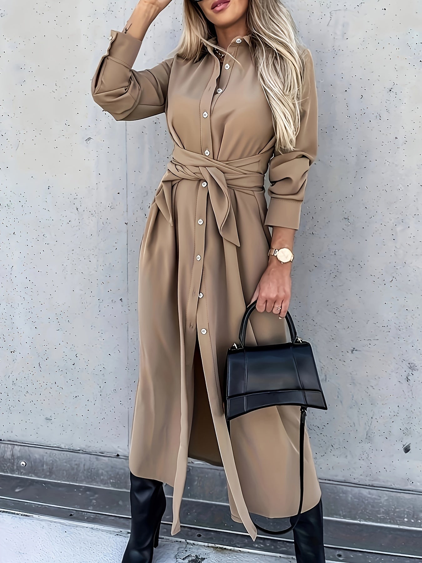 Antmvs Solid Button Front Dress, Elegant Long Sleeve Belted Lapel Dress, Women's Clothing