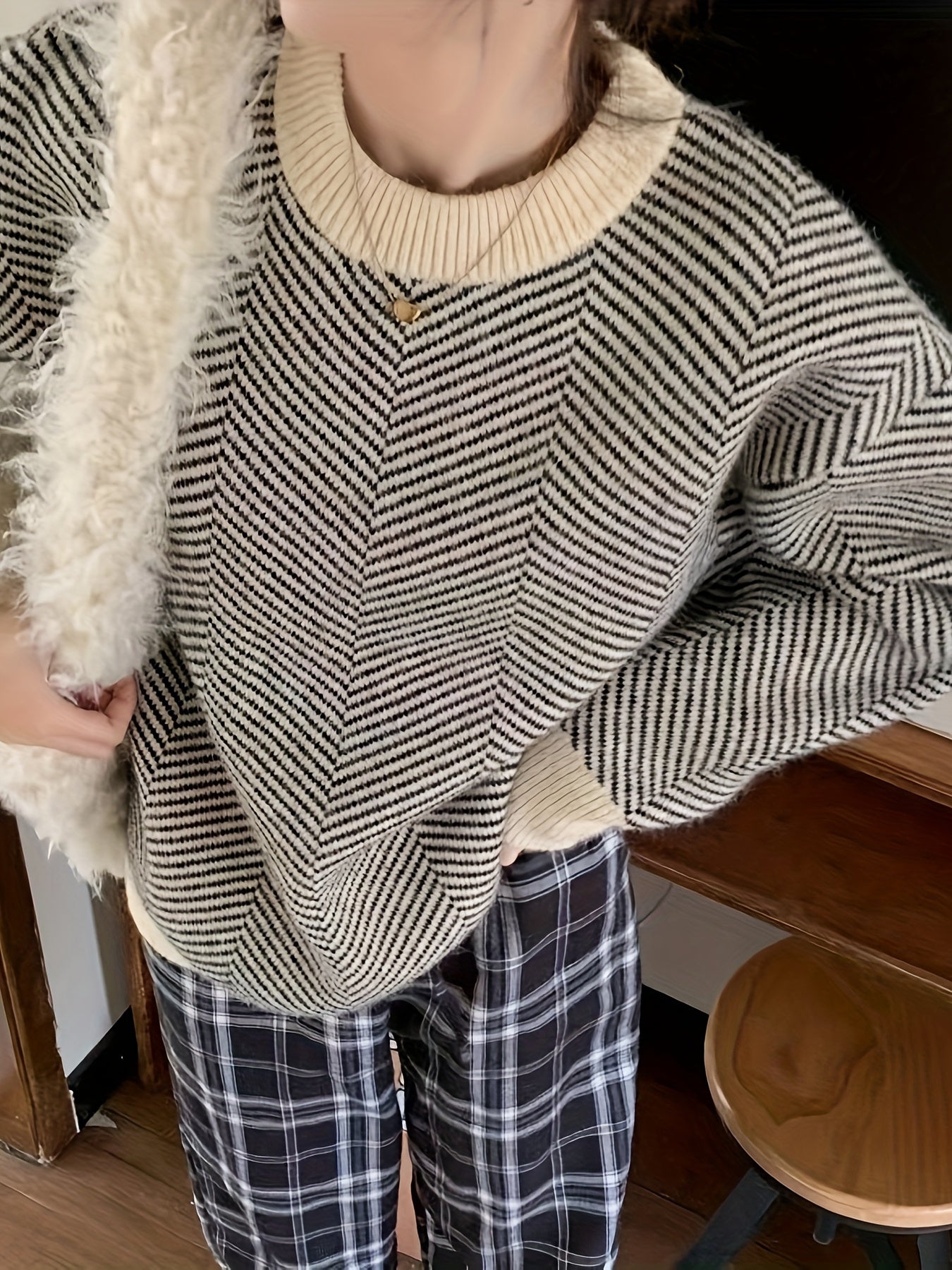 Antmvs Striped Crew Neck Pullover Sweater, Casual Long Sleeve Loose Sweater, Women's Clothing