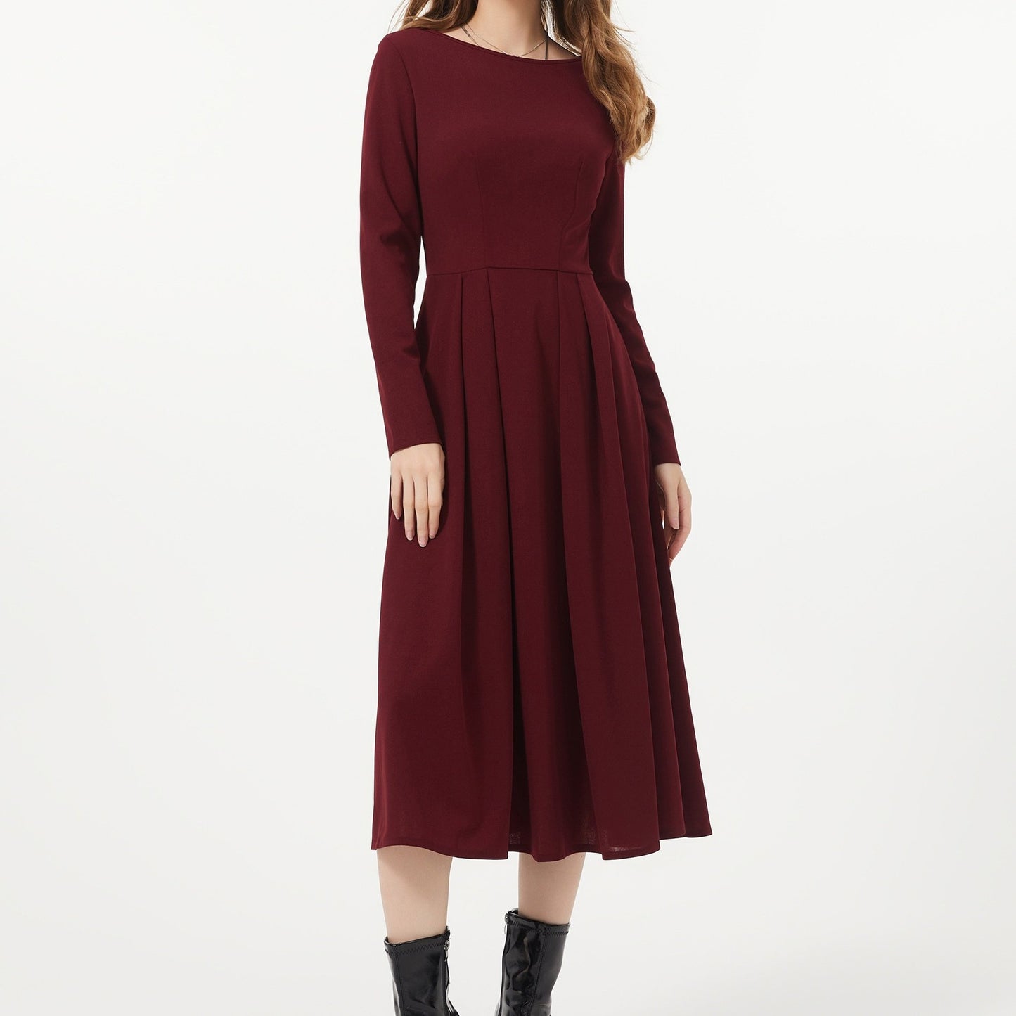 Antmvs Solid Color Crew Neck Dress, Elegant Long Sleeve Pleated Dress, Women's Clothing