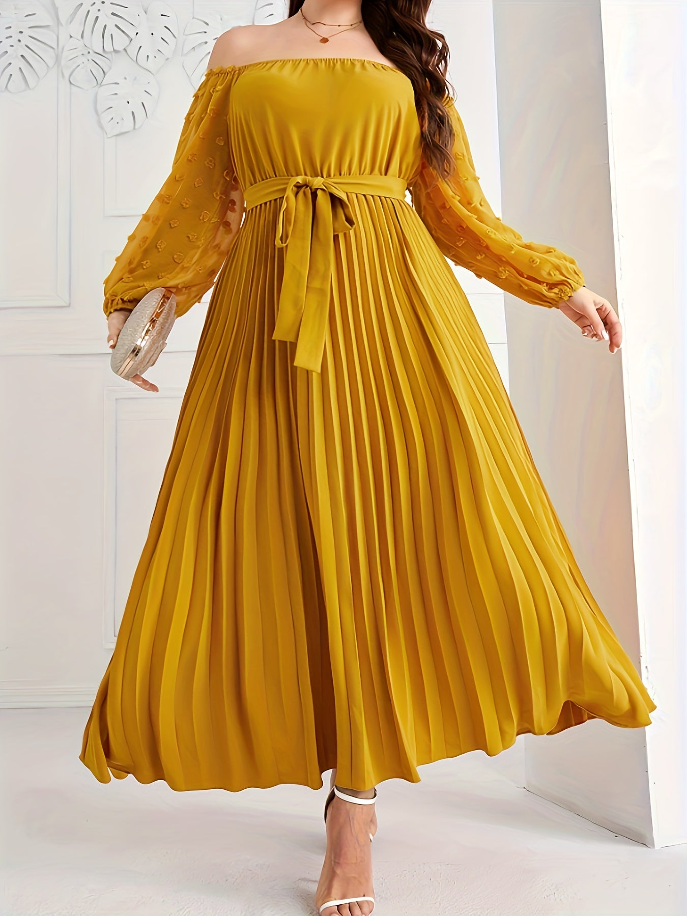 Antmvs Plus Size Casual Dress, Women's Plus Solid Swiss Dot Off Shoulder Lantern Sleeve Slight Stretch Pleated Maxi Dress With Belt