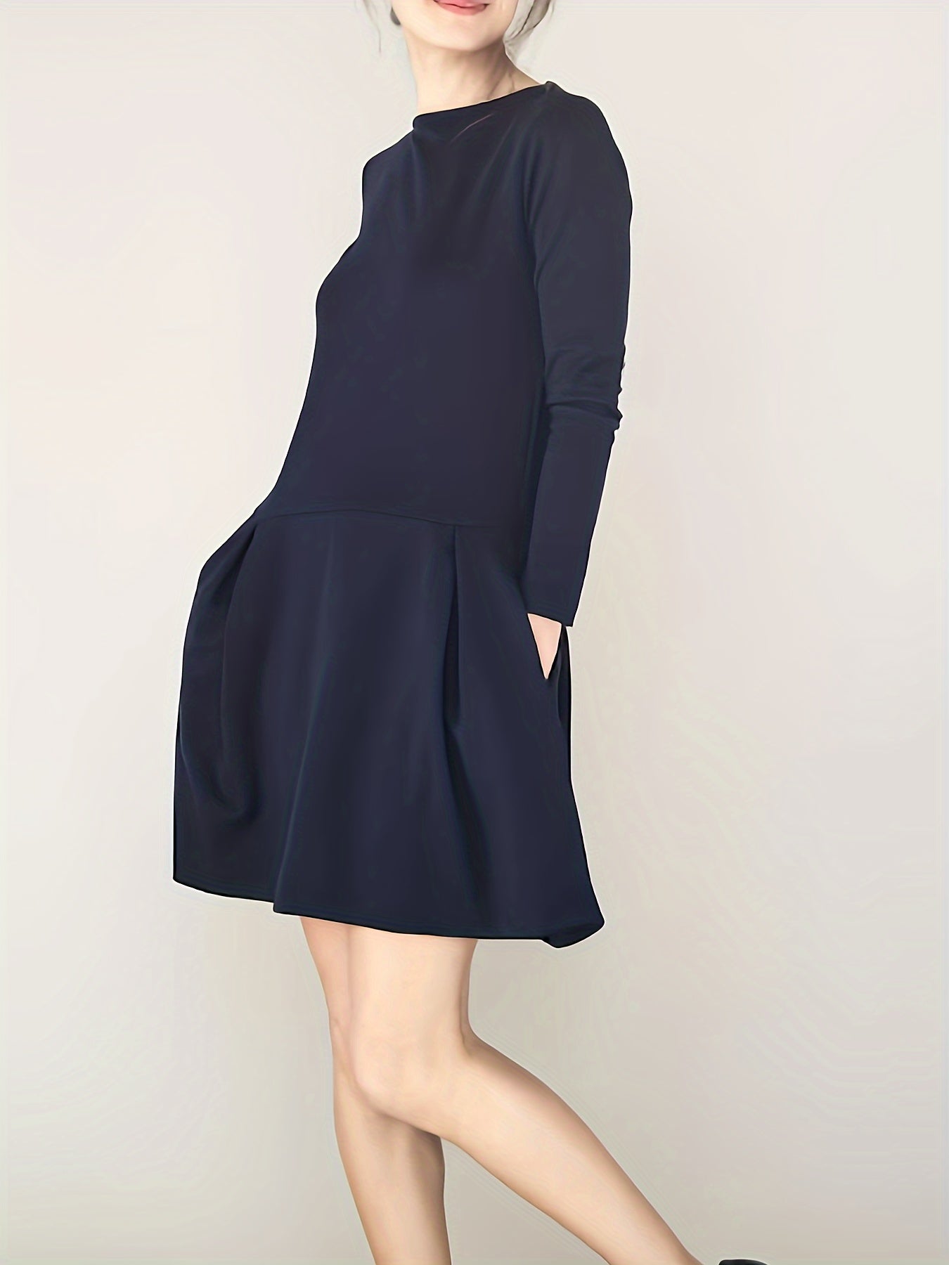 Antmvs Solid Boat Neck Mini Dress, Casual Long Sleeve A Line Dress, Women's Clothing