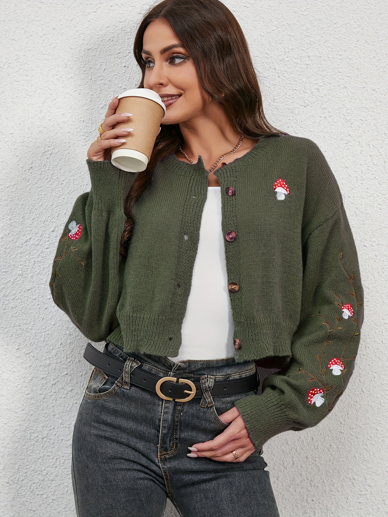 Antmvs Mushroom Embroidered Print Knit Cardigan, Casual Button Front Long Sleeve Sweater, Women's Clothing