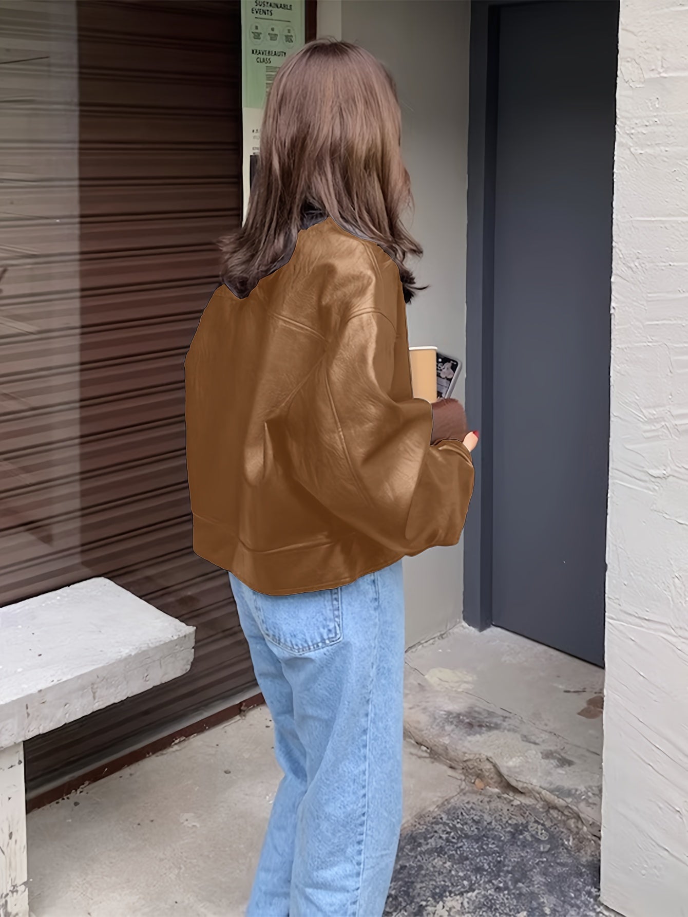 Antmvs Solid Faux Leather Vintage Jacket, Long Sleeve Single Breasted Outwear For Fall & Winter, Women's Clothing
