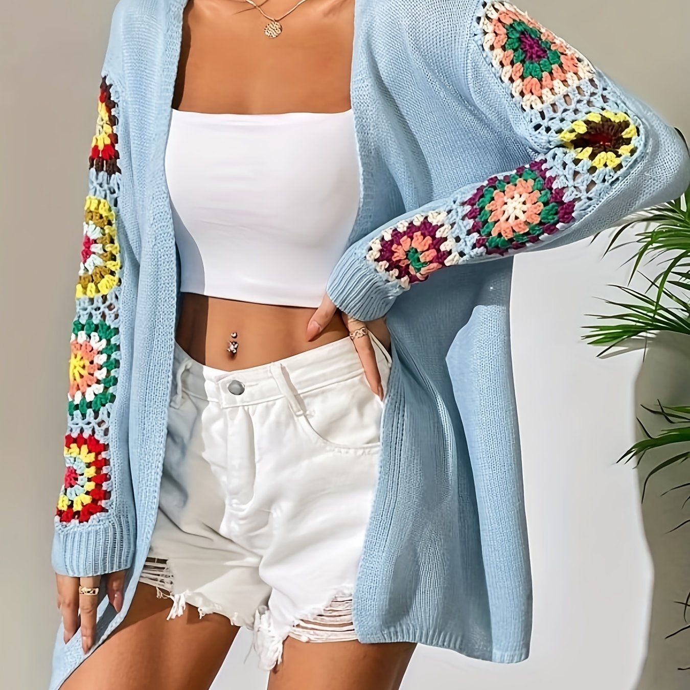 Antmvs Floral Print Open Front Tunics, Casual Long Sleeve Versatile Tunics, Women's Clothing