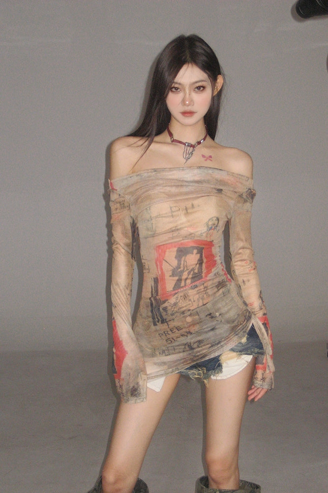 Antmvs Kesha Graphic Image Print Vintage One Line Off-the-Shoulder Mesh Sheer Long Sleeve Top