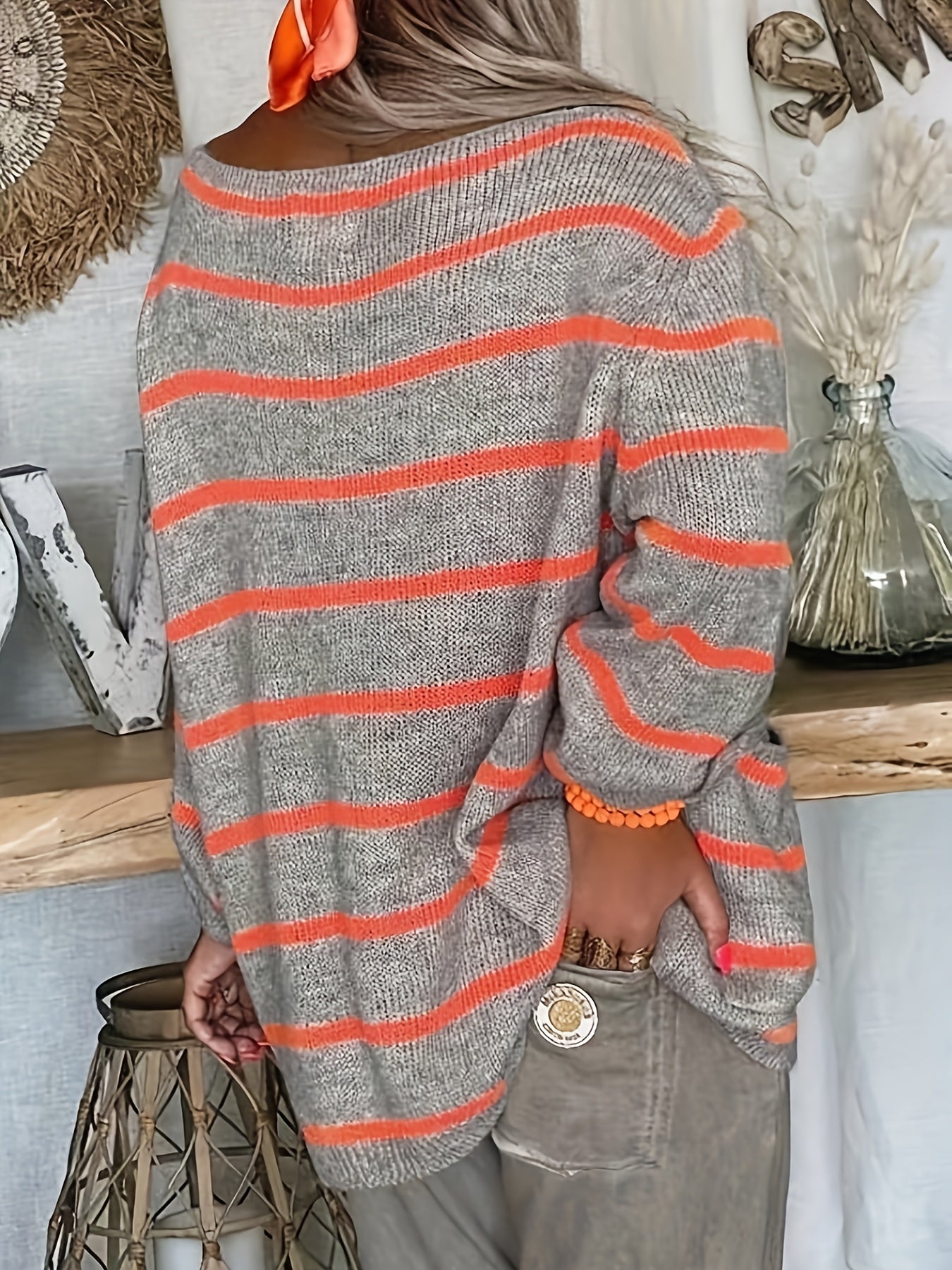 Antmvs Striped Boat Neck Pullover Sweater, Vintage Long Sleeve Pocket Loose Sweater For Spring & Fall, Women's Clothing