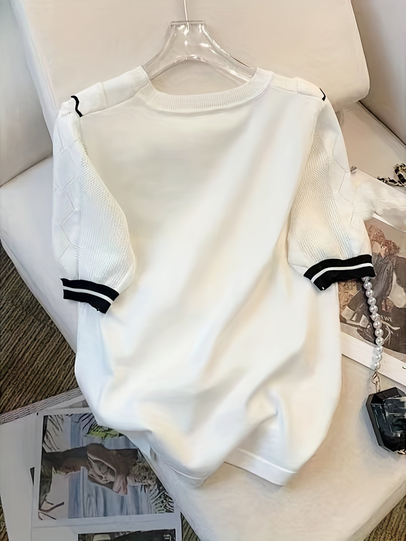 Antmvs Layered Scallop Trim Knit Top, Casual Contrast Trim Short Sleeve Top For Spring & Summer, Women's Clothing