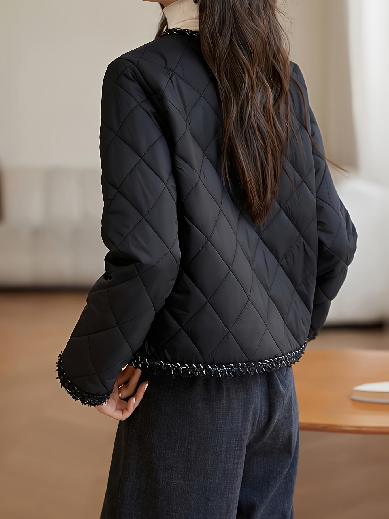 Antmvs Solid Color Button Front Jacket, Elegant Crew Neck Contrast Trim Pockets Long Sleeve Jacket For Fall & Winter, Women's Clothing