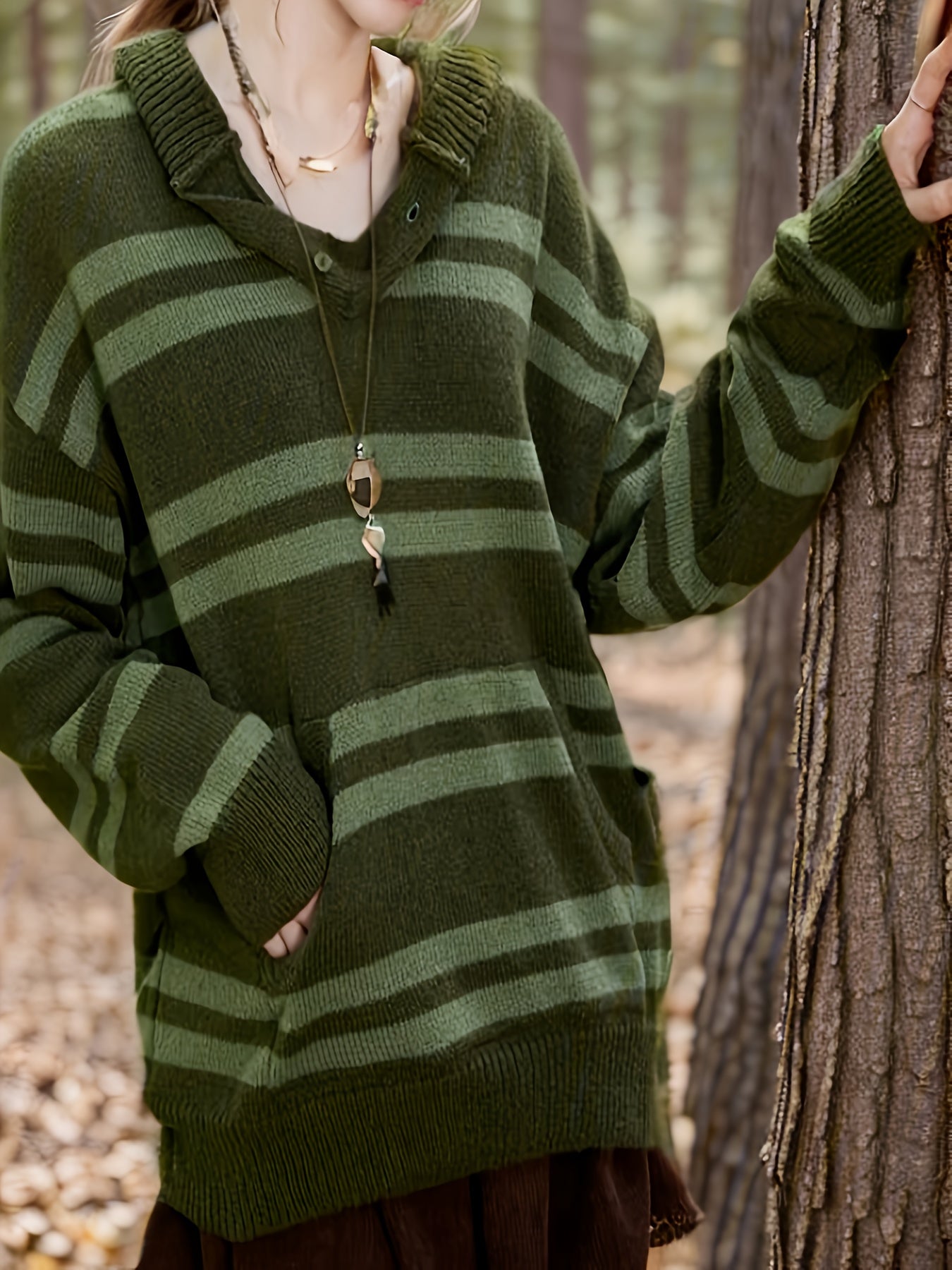 Antmvs Striped Drop Shoulder Knitted Hoodie, Casual Crew Neck Long Sleeve Pullover Hoodie, Women's Clothing