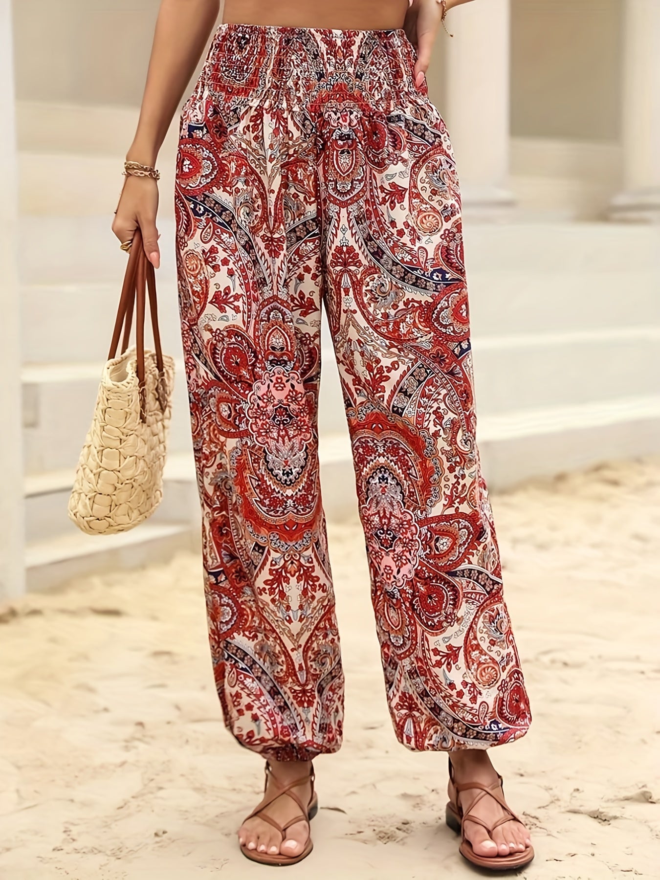 Antmvs Paisley Print Shirred Pants, Boho Long Length High Waist Pants For All Season, Women's Clothing