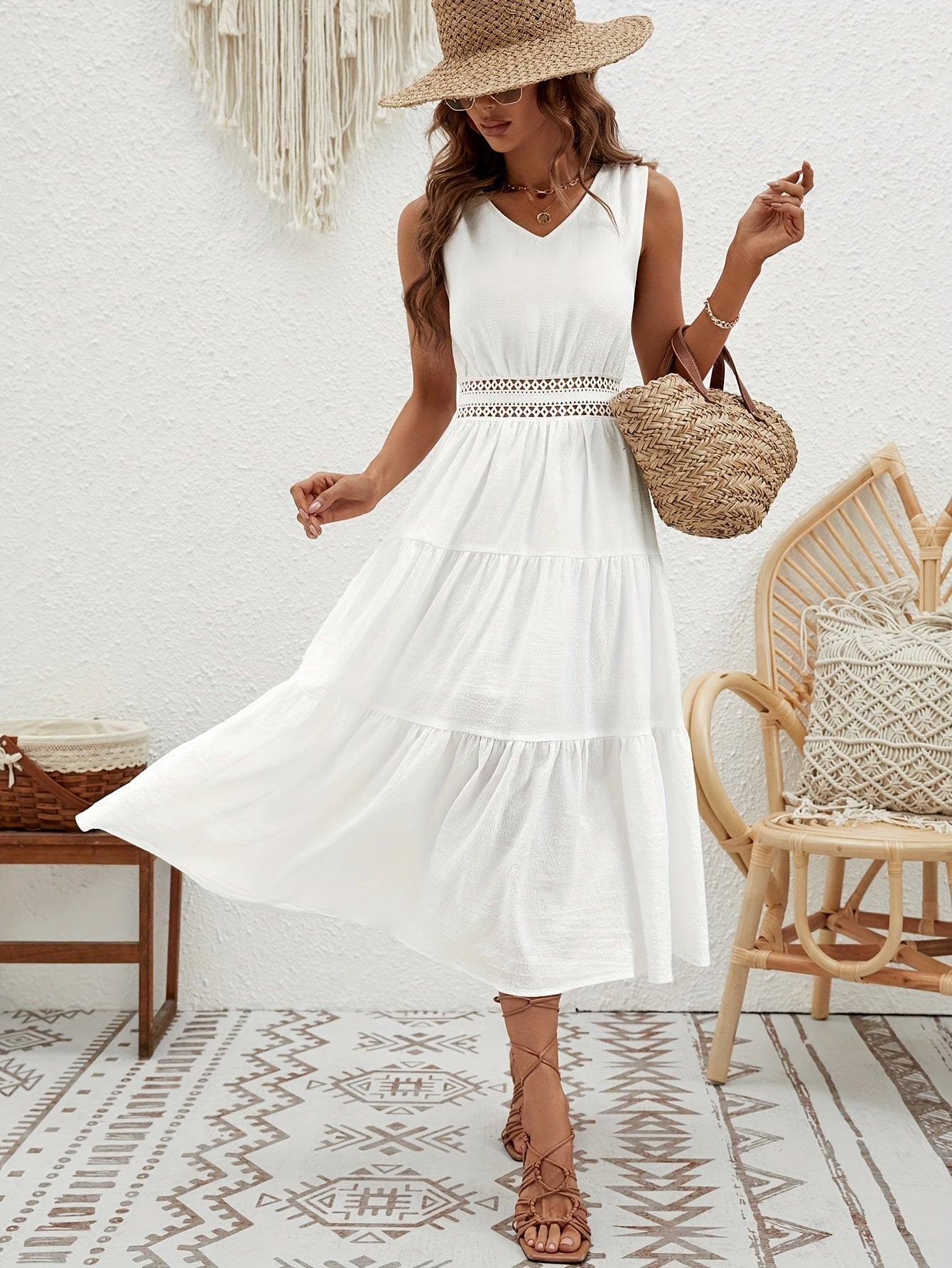 Antmvs Tie Back Solid Midi Dress, Casual V Neck Sleeveless Tiered Dress, Women's Clothing